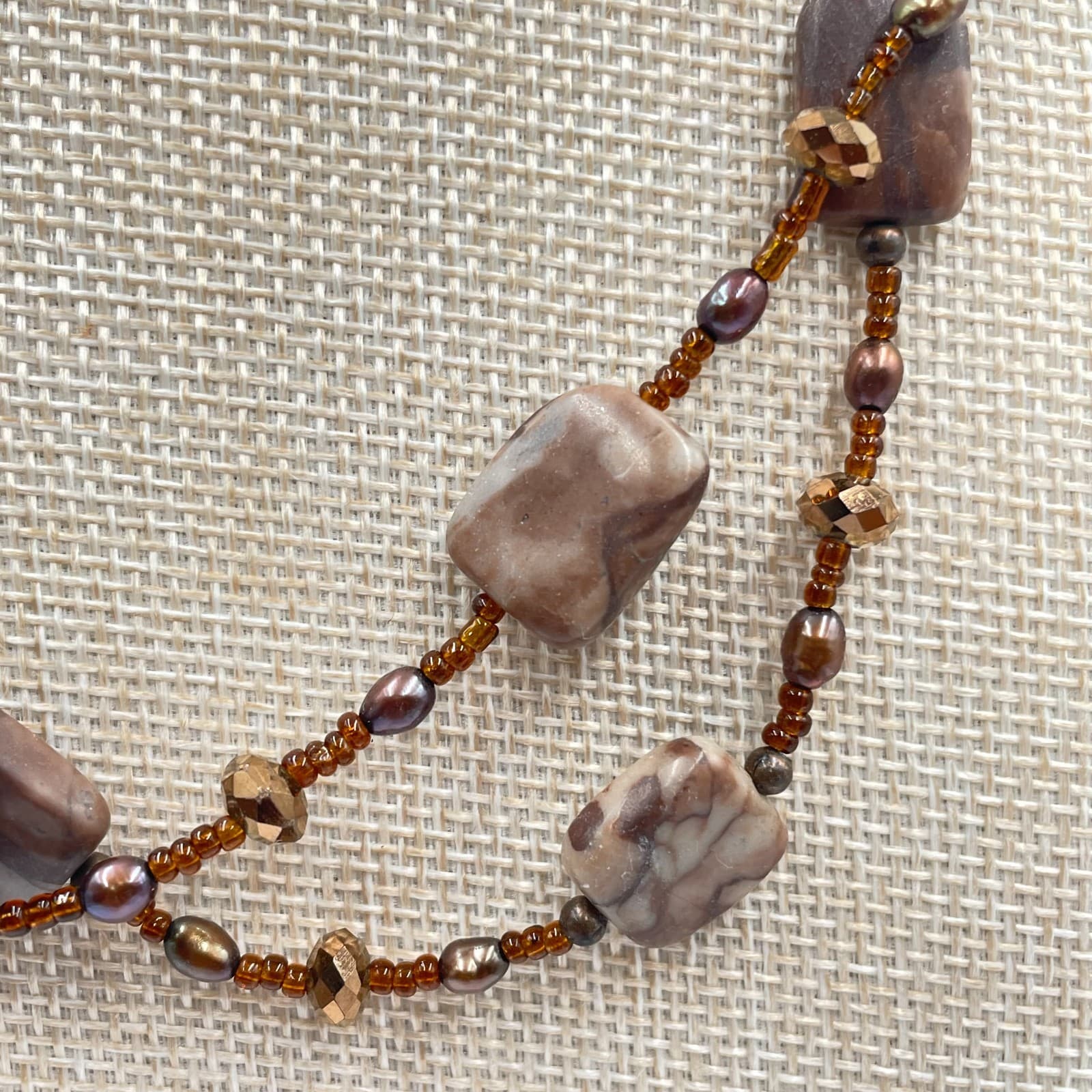 VTG Jasper Necklace Double Strand Brown Cream Earth Tone Beaded Statement 2-Row - Thumbnail 3
