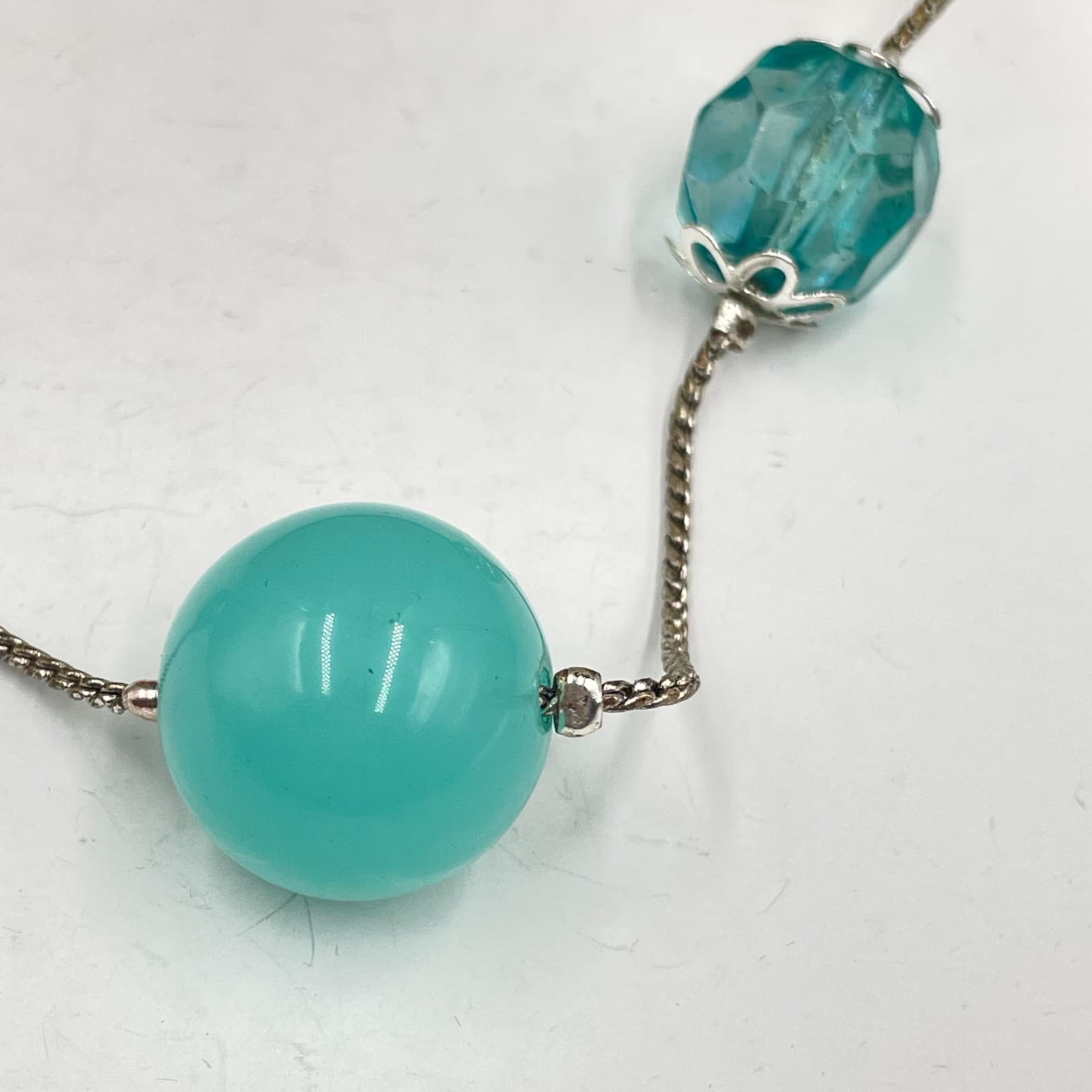 Vintage Aqua Blue Glass Bead Station Necklace Silver Tone Chain Long Layering - Thumbnail 4