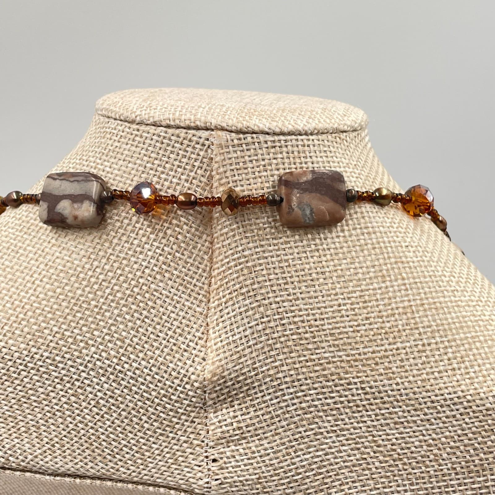 VTG Jasper Necklace Double Strand Brown Cream Earth Tone Beaded Statement 2-Row - Thumbnail 6