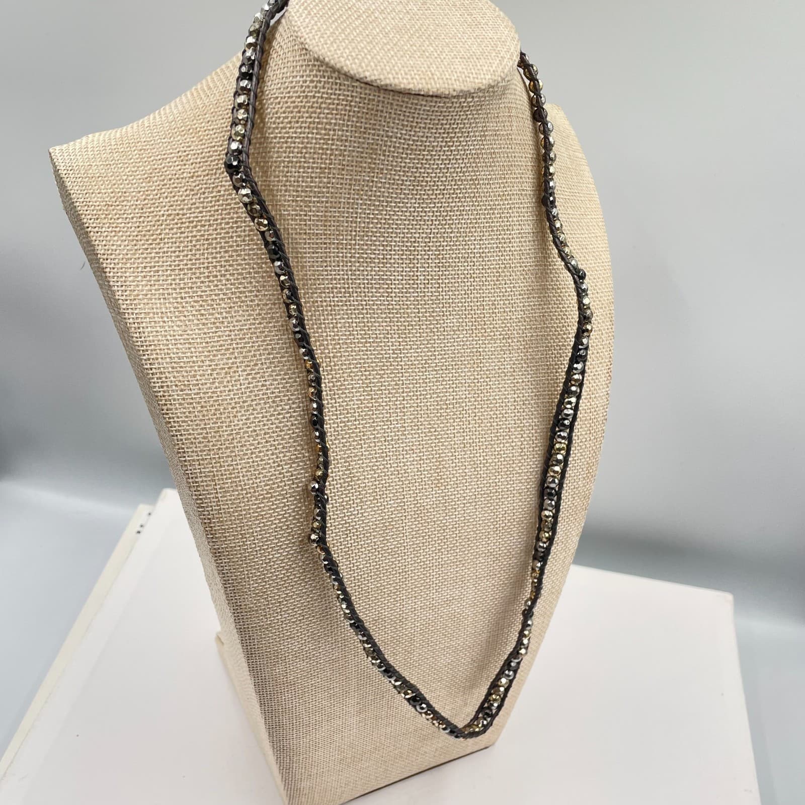 VTG Boho Leather Wrap Necklace Bracelet Mixed Metal Beaded Strand Hematite Tone - Thumbnail 4