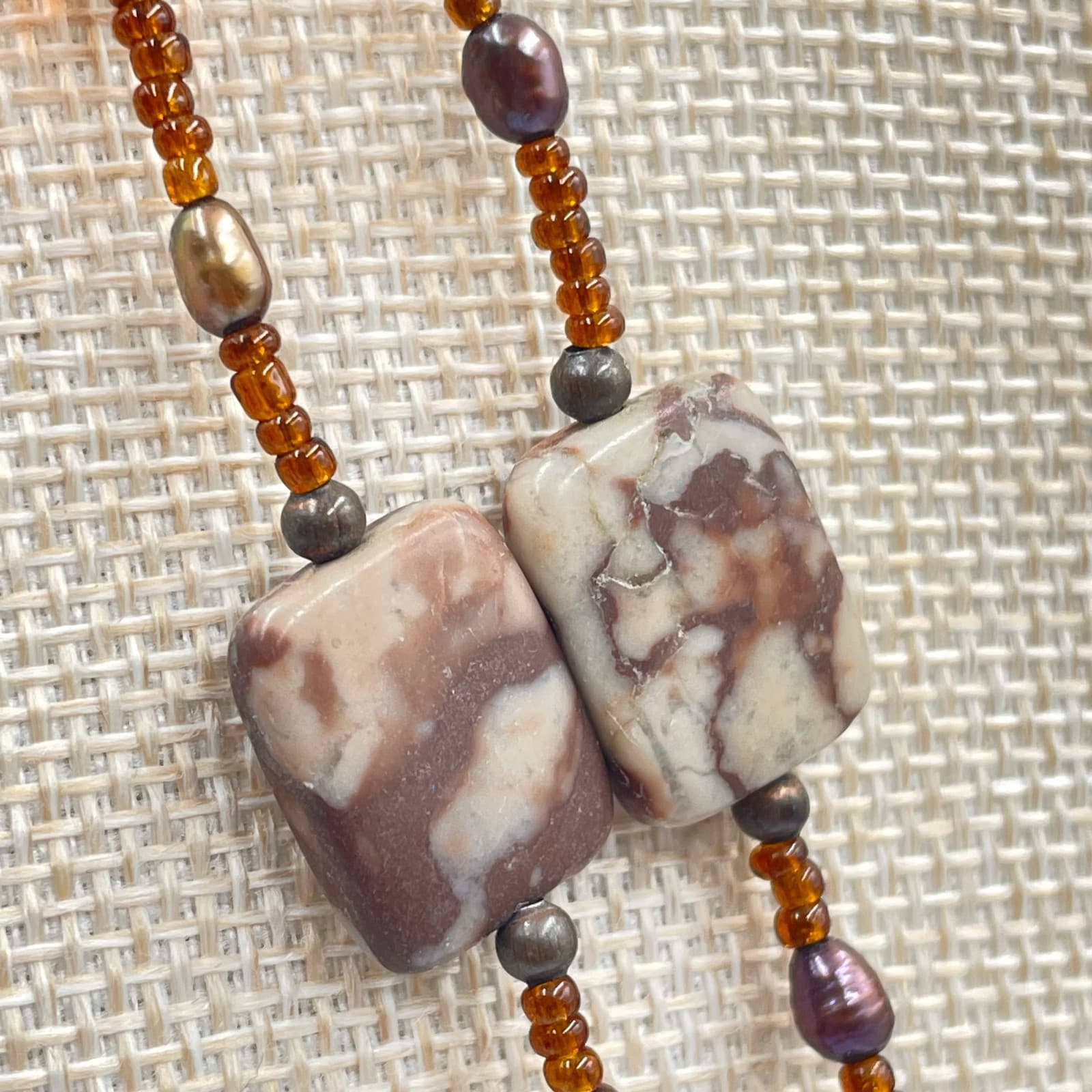 VTG Jasper Necklace Double Strand Brown Cream Earth Tone Beaded Statement 2-Row - Thumbnail 5