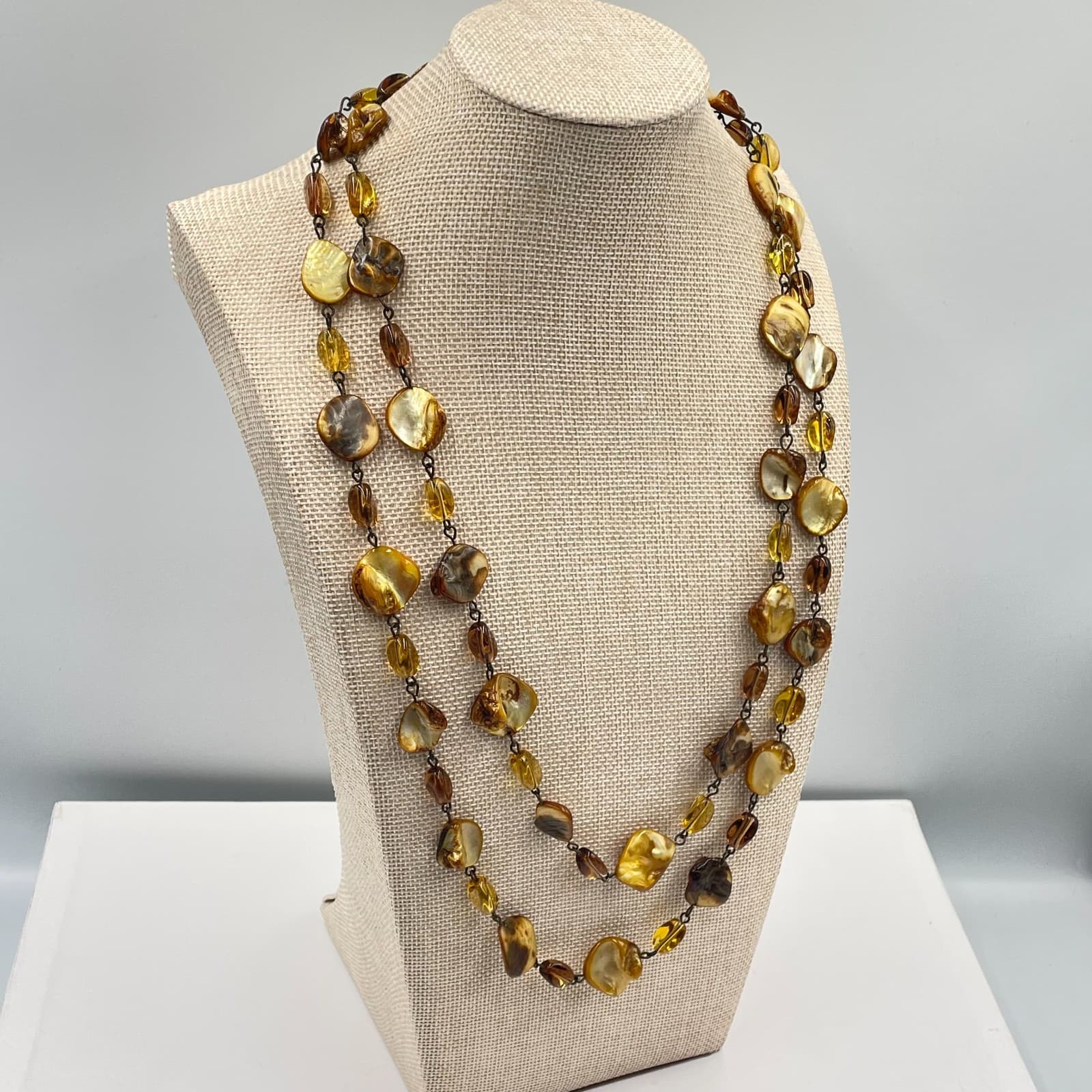 Vintage Double Strand Amber Toned Shell Necklace Brown Boho Chunky Statement - Thumbnail 4