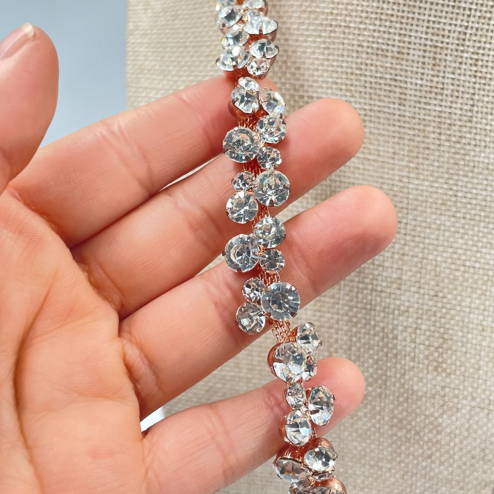 VTG Rose Gold Crystal Rhinestone Rib Necklace Bridal Wedding Statement Sparkly - Thumbnail 4