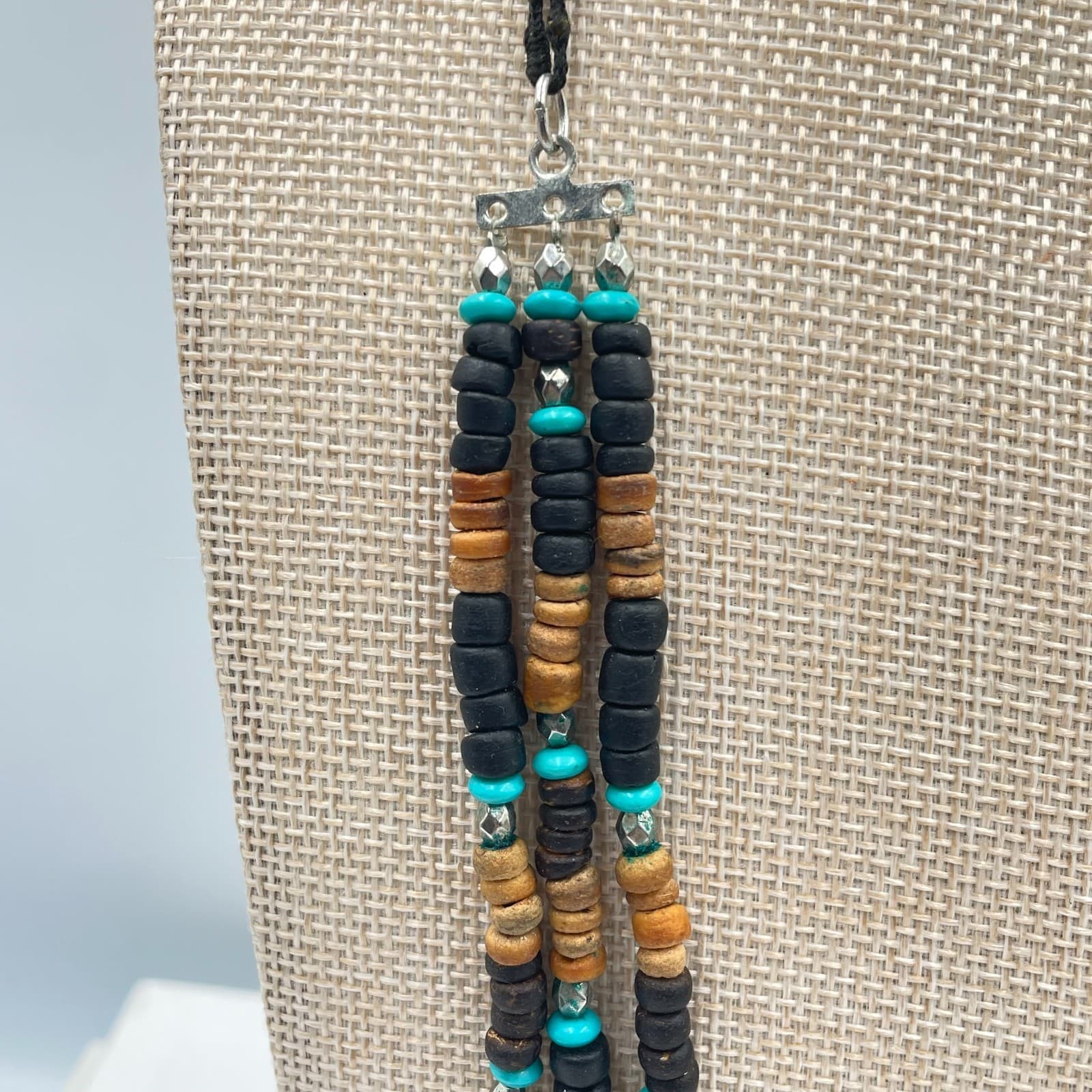 Vintage Multi-Strand Wood Bead Necklace Turquoise Boho Tribal Black Cord 3-Layer - Thumbnail 4