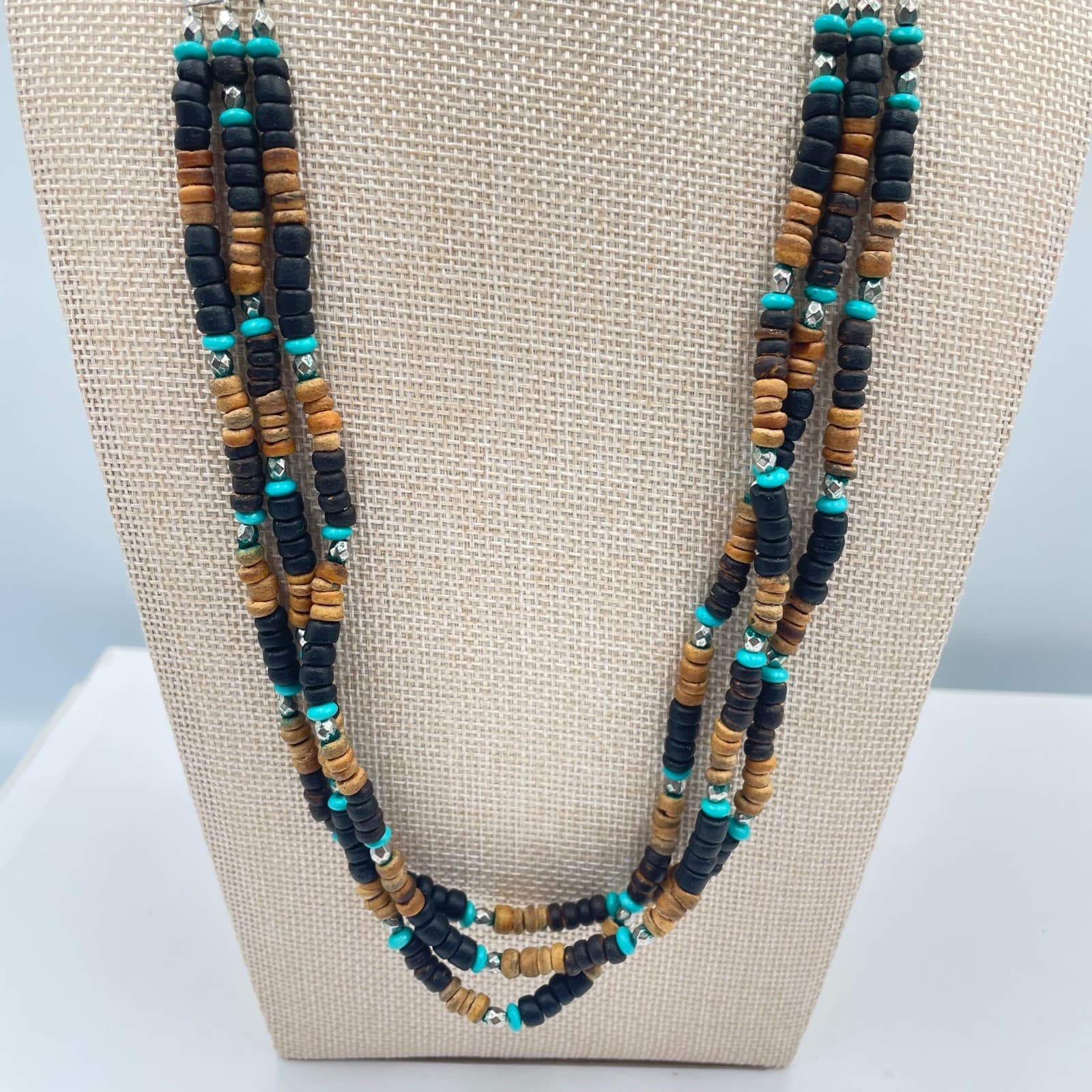 Vintage Multi-Strand Wood Bead Necklace Turquoise Boho Tribal Black Cord 3-Layer - Thumbnail 3