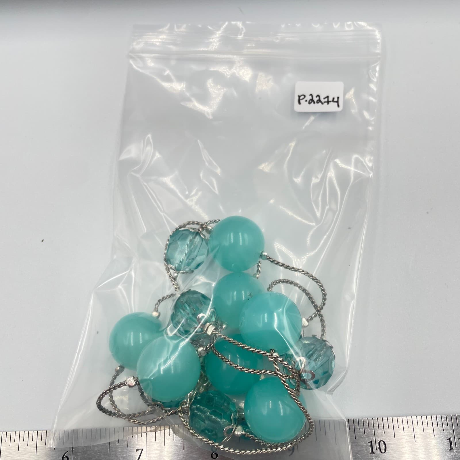 Vintage Aqua Blue Glass Bead Station Necklace Silver Tone Chain Long Layering - Thumbnail 8