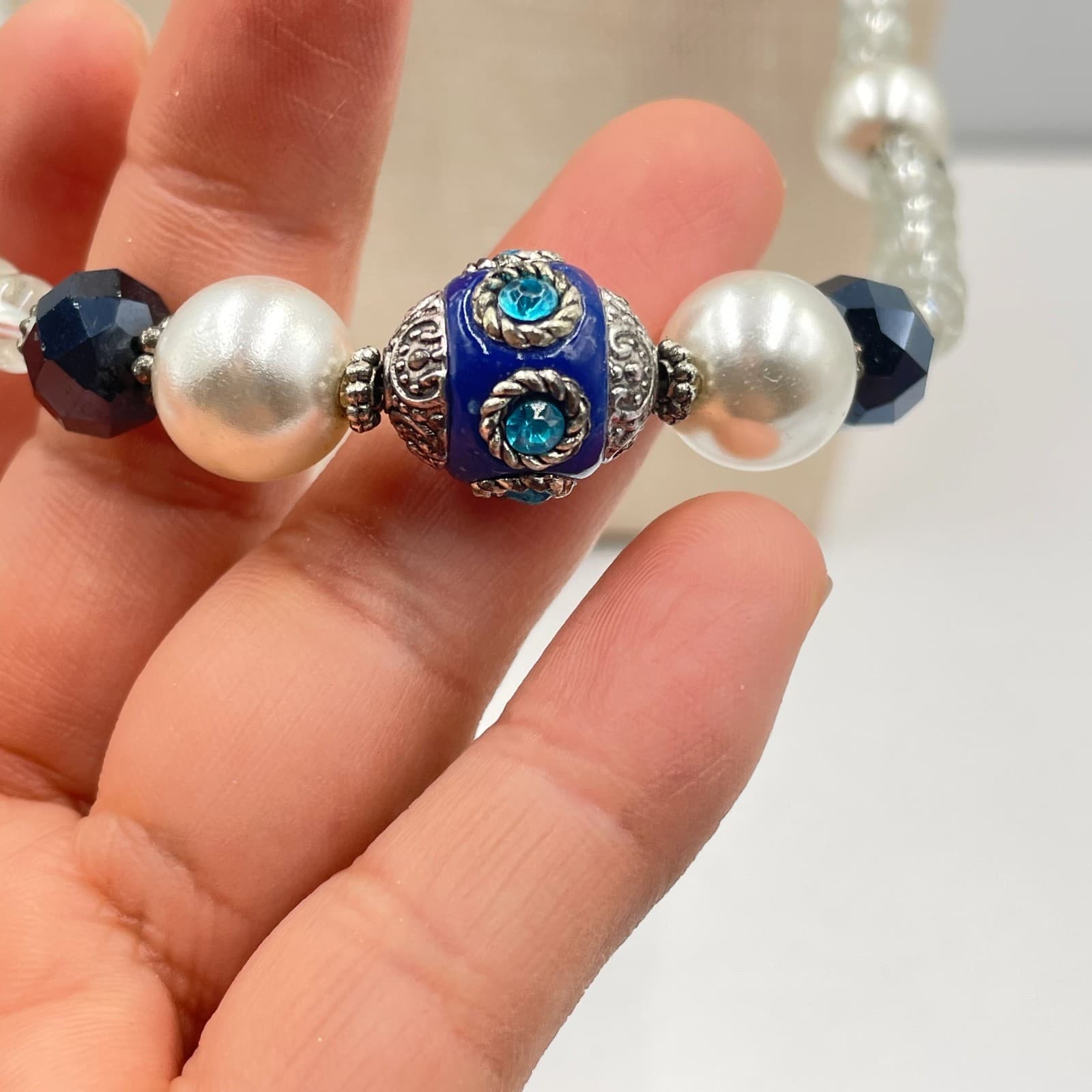 Vintage Long Beaded Necklace Blue Cloisonne Enamel Faux Pearl Crystal Opera 30" - Thumbnail 5
