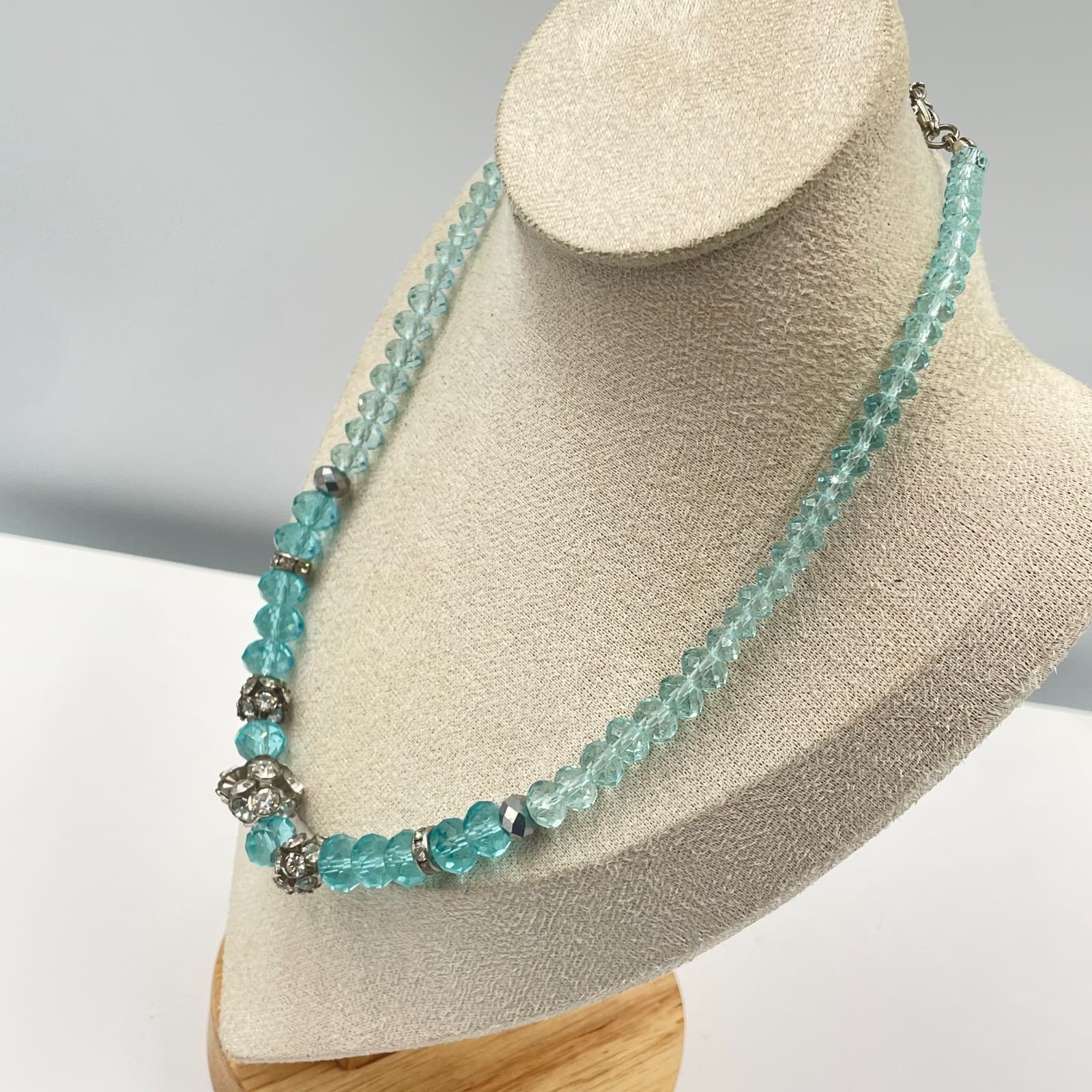 Vintage Aquamarine Blue Crystal Beaded Necklace Statement Sparkling Cluster 20” - Thumbnail 5