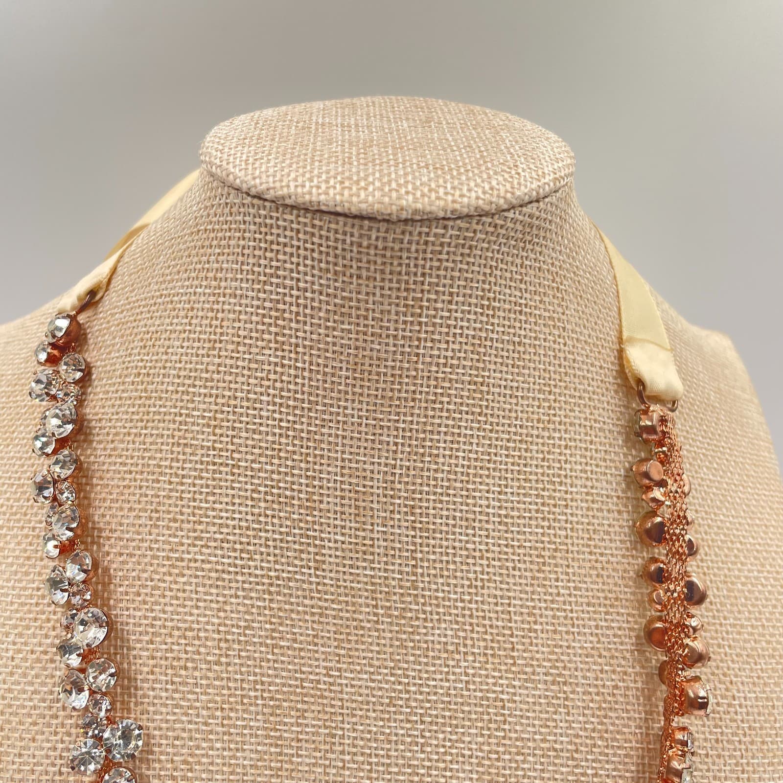 VTG Rose Gold Crystal Rhinestone Rib Necklace Bridal Wedding Statement Sparkly - Thumbnail 2