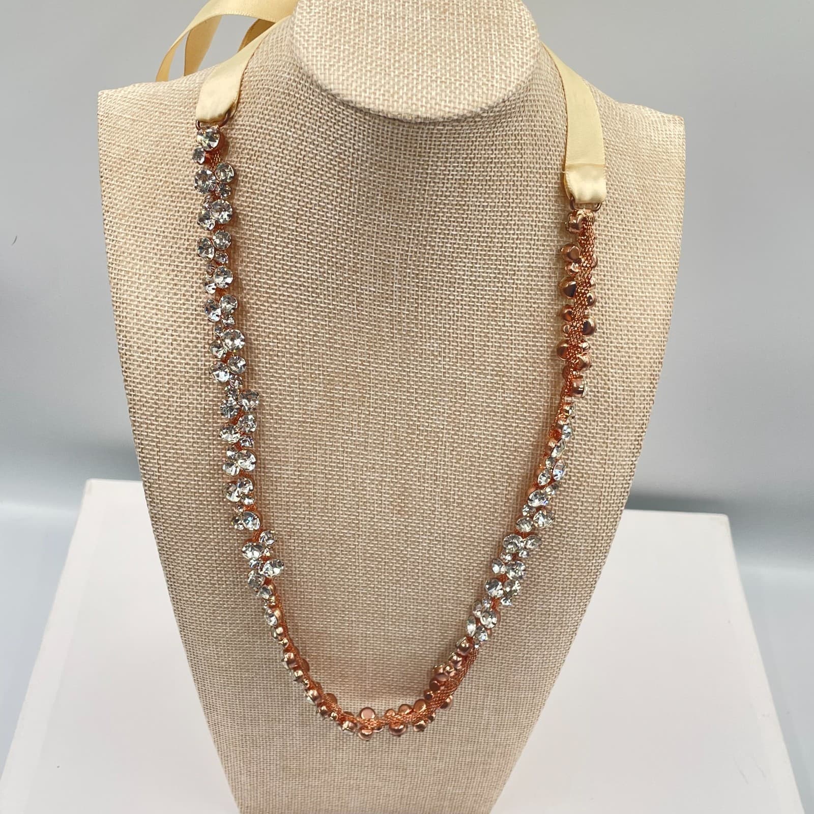 VTG Rose Gold Crystal Rhinestone Rib Necklace Bridal Wedding Statement Sparkly - Thumbnail 5