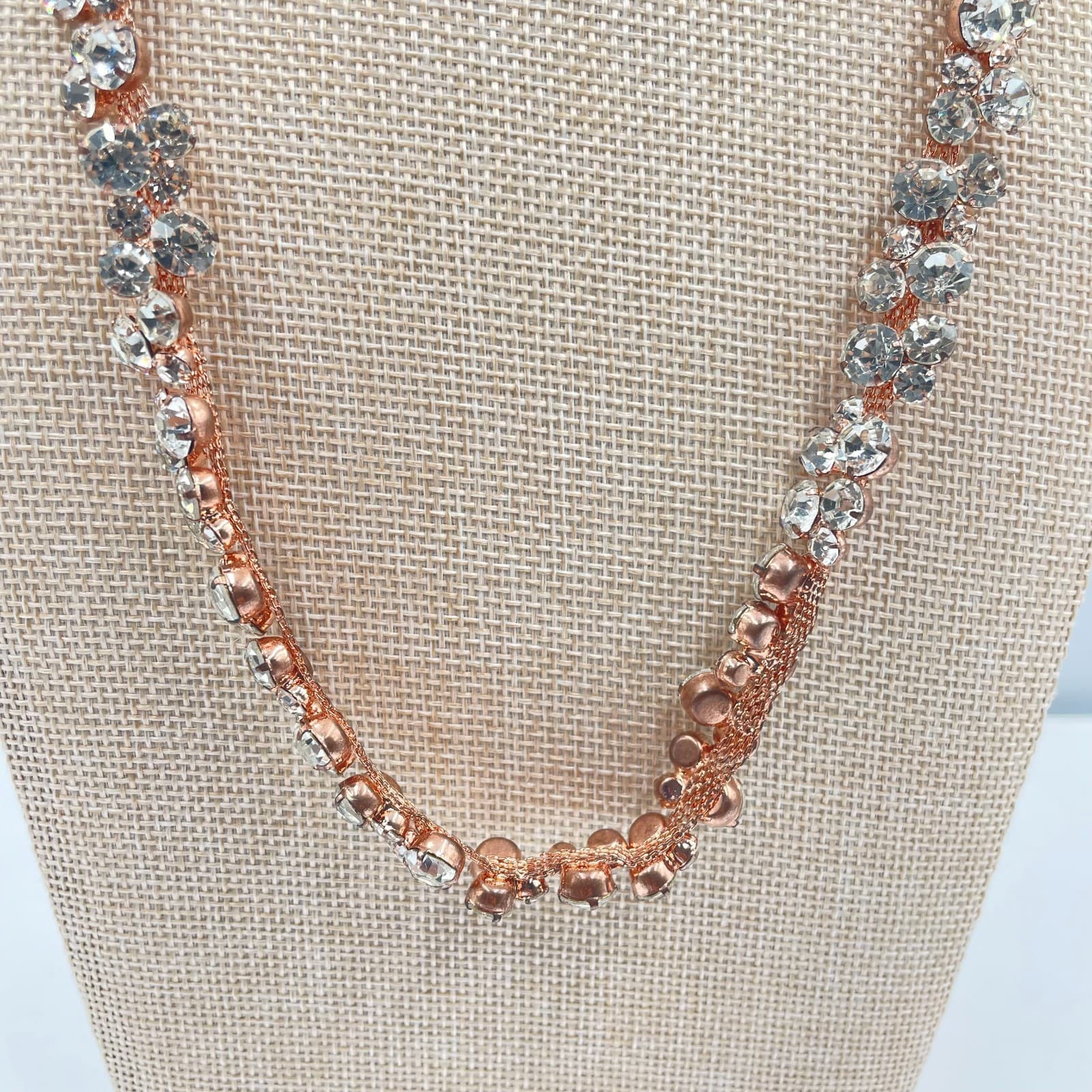 VTG Rose Gold Crystal Rhinestone Rib Necklace Bridal Wedding Statement Sparkly - Thumbnail 3