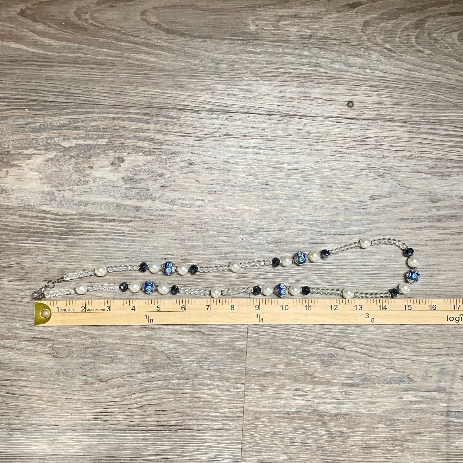 Vintage Long Beaded Necklace Blue Cloisonne Enamel Faux Pearl Crystal Opera 30" - Thumbnail 9