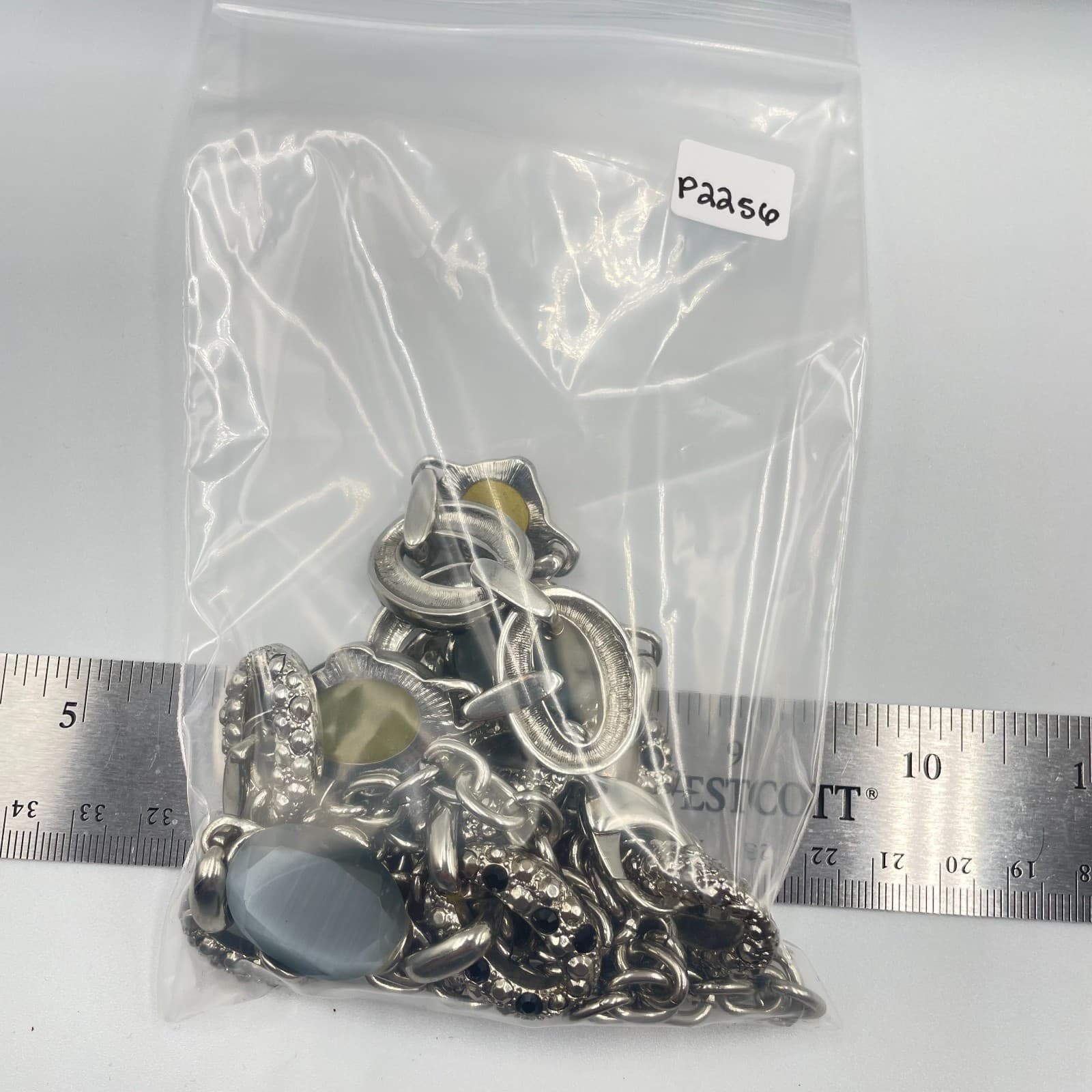 Vintage Silver Tone Station Necklace Blue Grey Cat Eye Stone Textured Links - Thumbnail 8