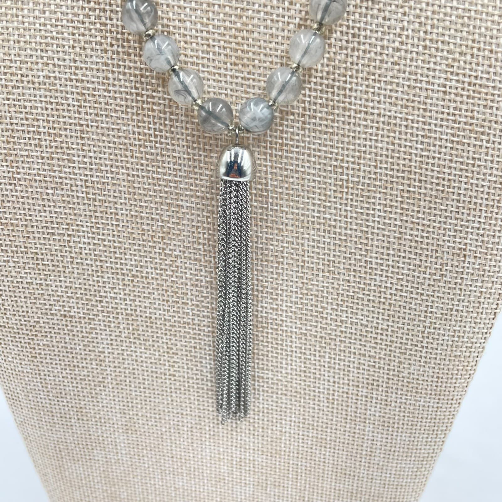 Vintage Silver Tassel Necklace Gray Rutilated Quartz Bead Strand Long Boho 80s - Thumbnail 3