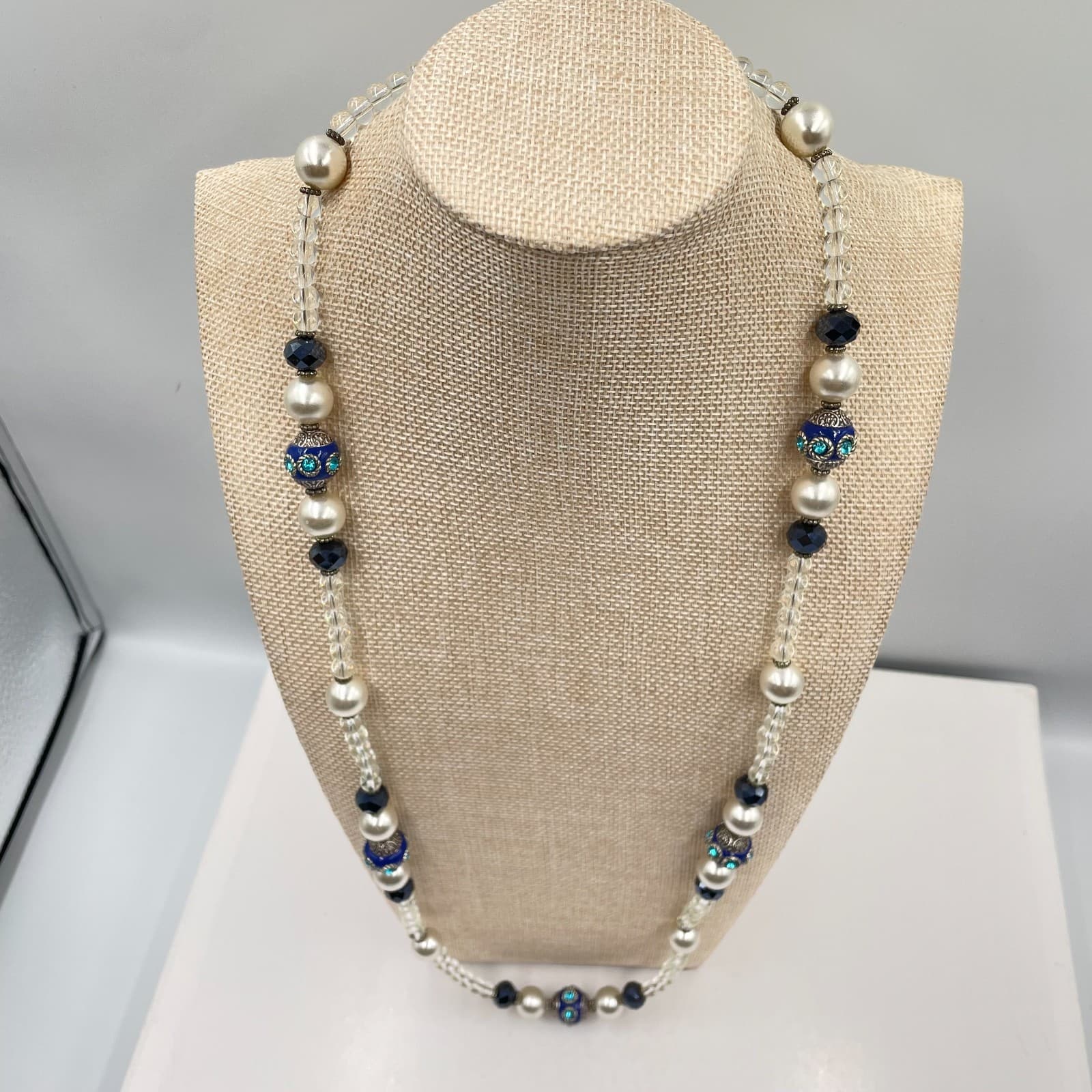 Vintage Long Beaded Necklace Blue Cloisonne Enamel Faux Pearl Crystal Opera 30" - Thumbnail 3