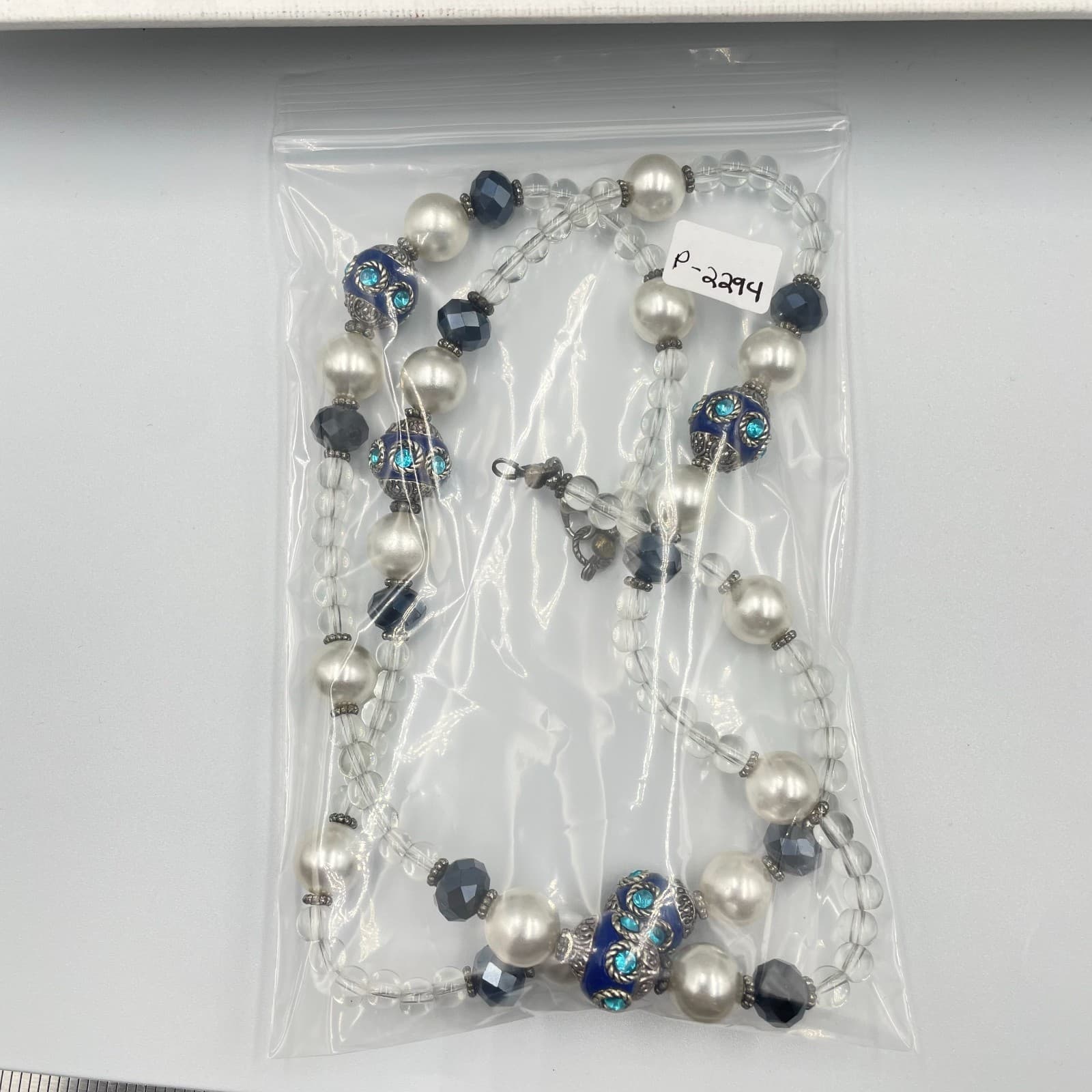 Vintage Long Beaded Necklace Blue Cloisonne Enamel Faux Pearl Crystal Opera 30" - Thumbnail 10