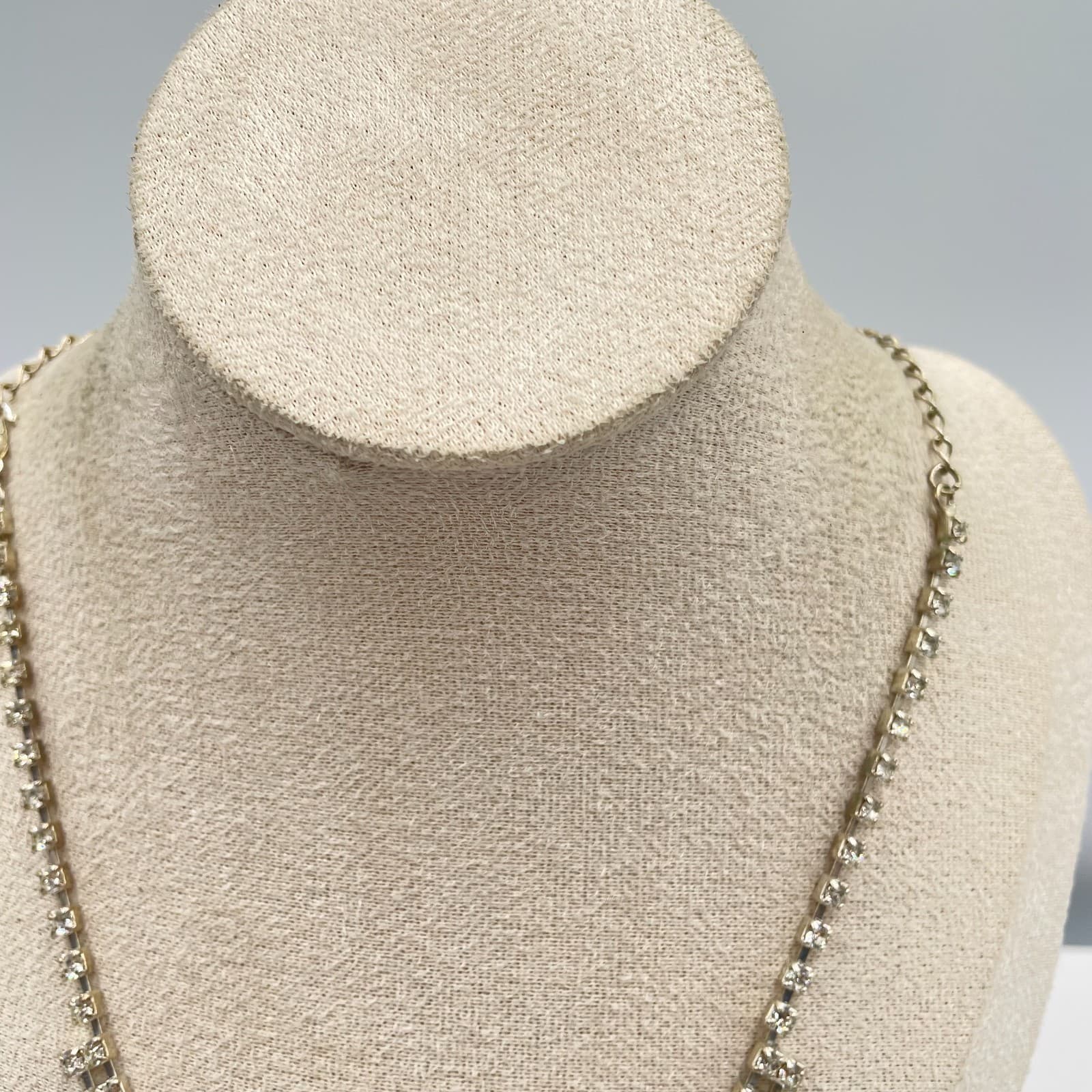 Vintage Silver Tone Rhinestone Fringe Bib Necklace V-Shape Statement Choker 16" - Thumbnail 2
