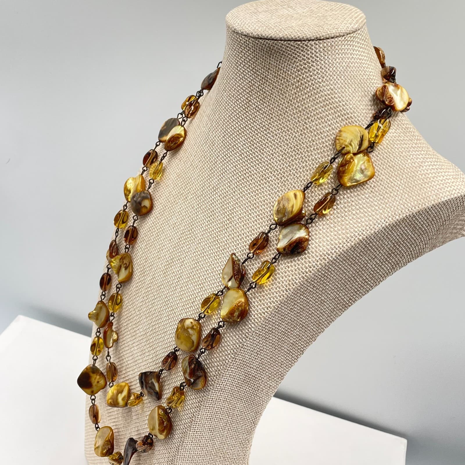 Vintage Double Strand Amber Toned Shell Necklace Brown Boho Chunky Statement - Thumbnail 5