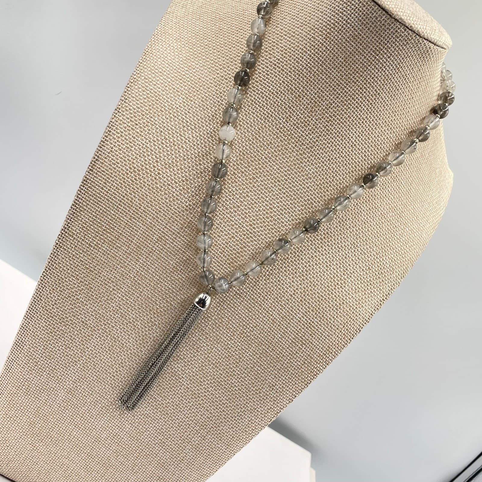 Vintage Silver Tassel Necklace Gray Rutilated Quartz Bead Strand Long Boho 80s - Thumbnail 5