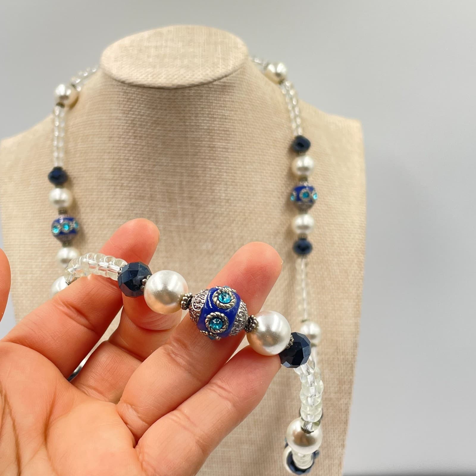 Vintage Long Beaded Necklace Blue Cloisonne Enamel Faux Pearl Crystal Opera 30" - Thumbnail 6