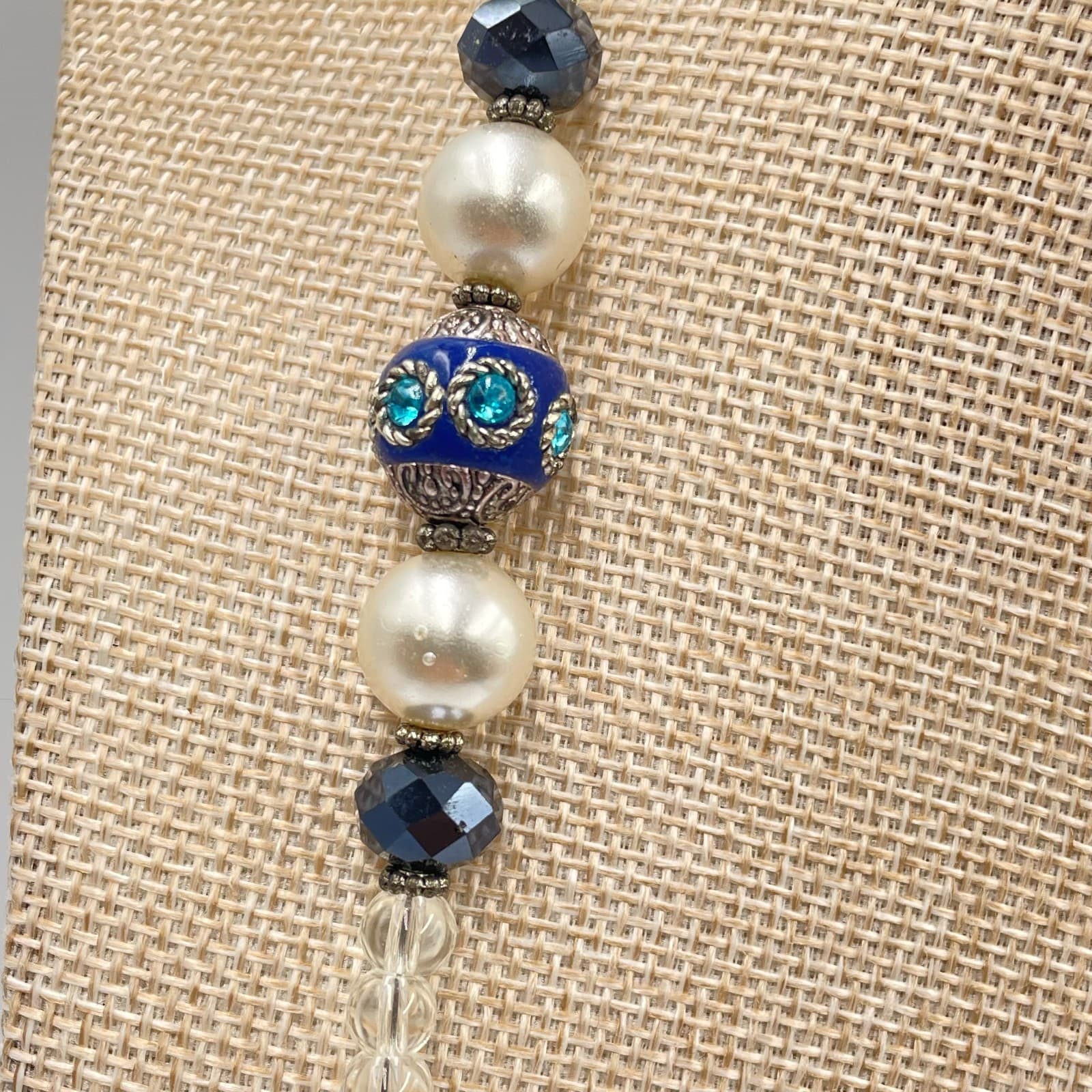 Vintage Long Beaded Necklace Blue Cloisonne Enamel Faux Pearl Crystal Opera 30" - Thumbnail 4