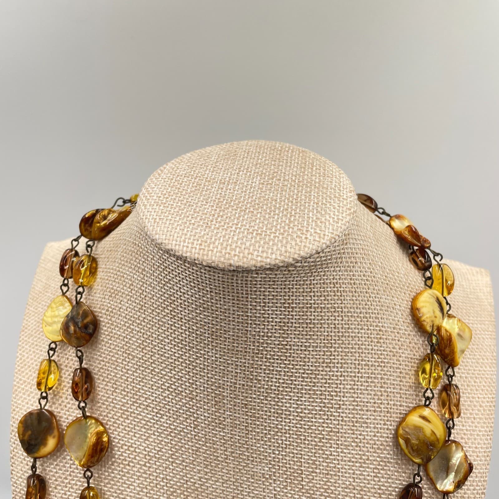 Vintage Double Strand Amber Toned Shell Necklace Brown Boho Chunky Statement - Thumbnail 2