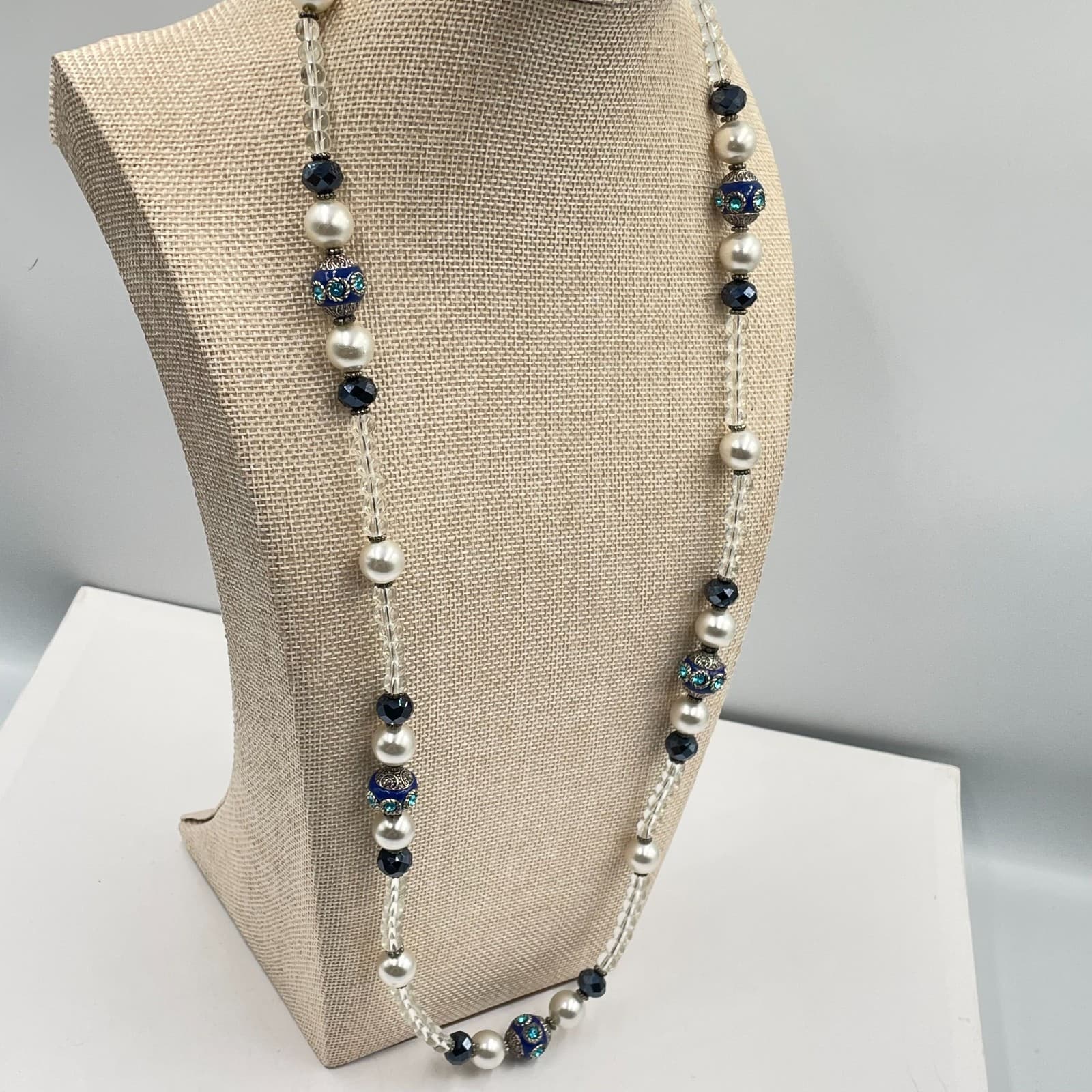 Vintage Long Beaded Necklace Blue Cloisonne Enamel Faux Pearl Crystal Opera 30" - Thumbnail 7