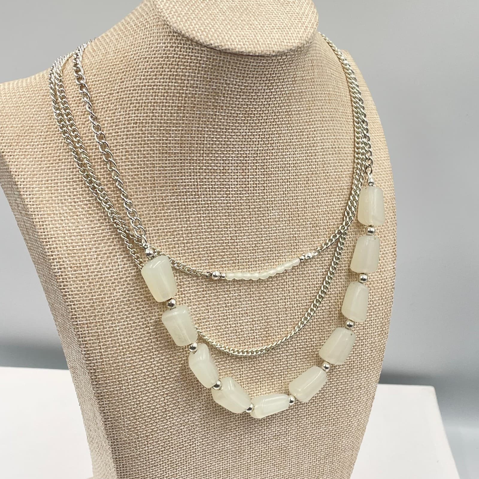 Chico's Layered Necklace Silver Tone White Stone Bead Triple Strand Statement - Thumbnail 5