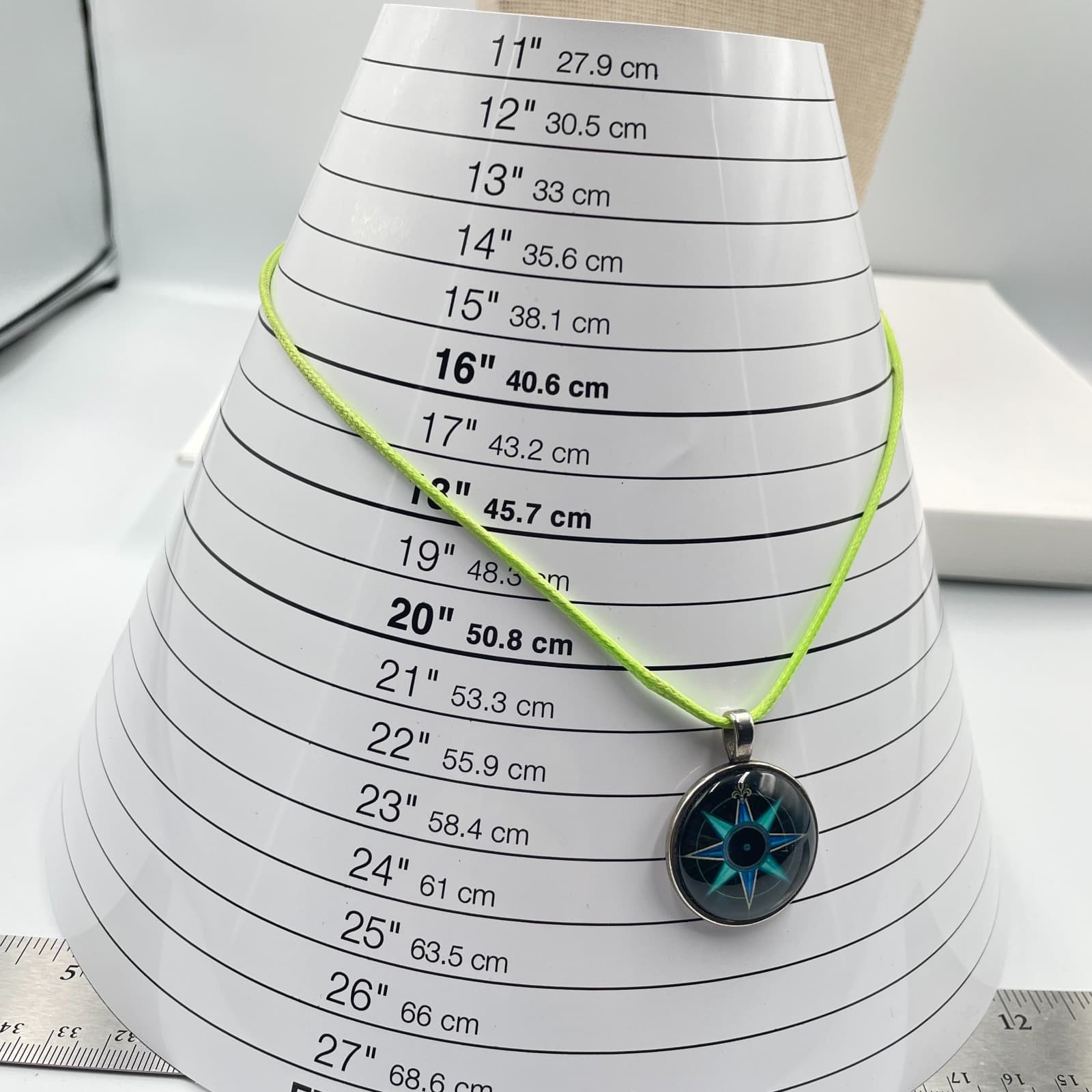 Vintage Compass Rose Pendant Necklace Neon Green Cord Nautical Star Blue Mandala - Thumbnail 8
