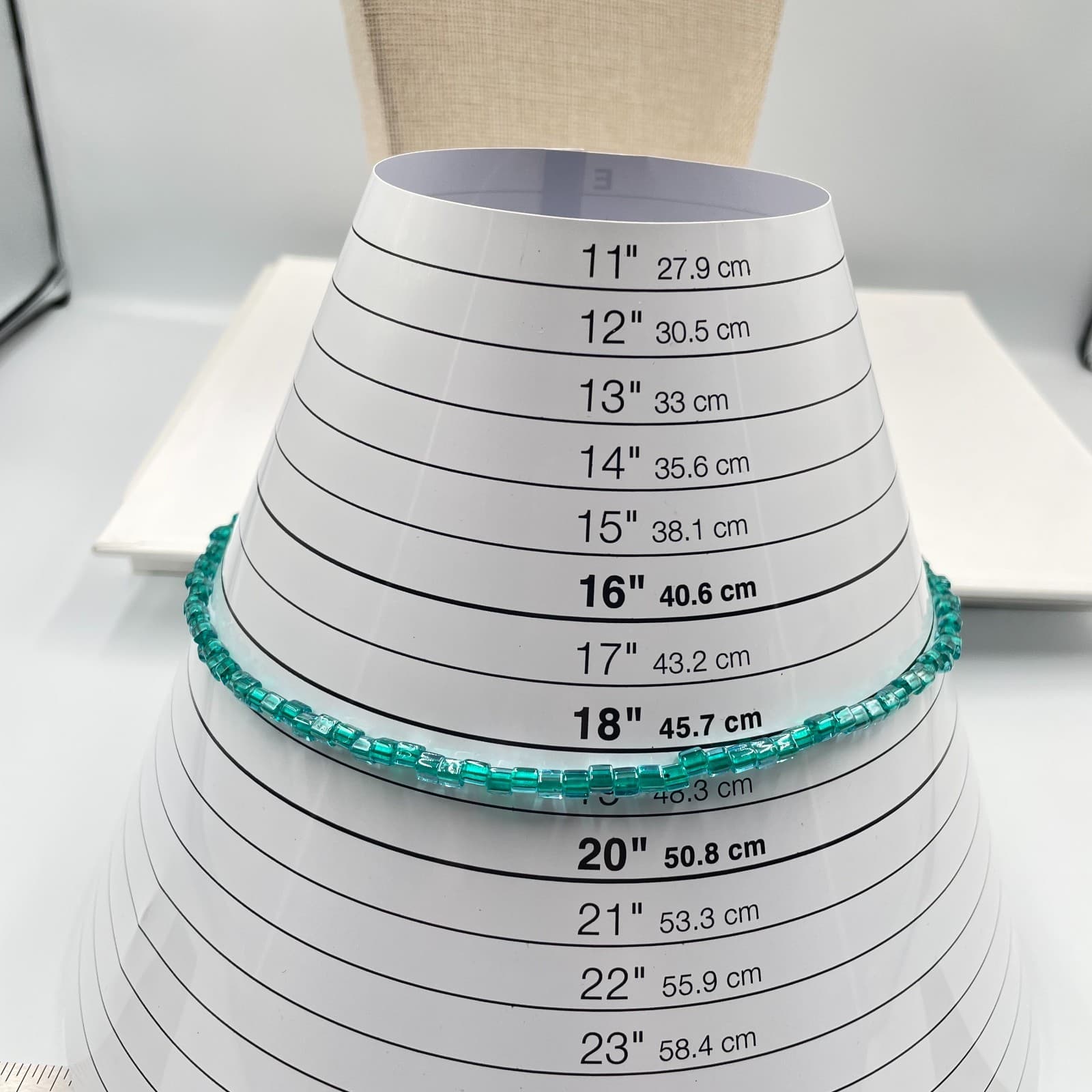 Vintage Art Deco Teal Blue Green Square Glass Bead Necklace 20" Boho Brass Clasp - Thumbnail 8