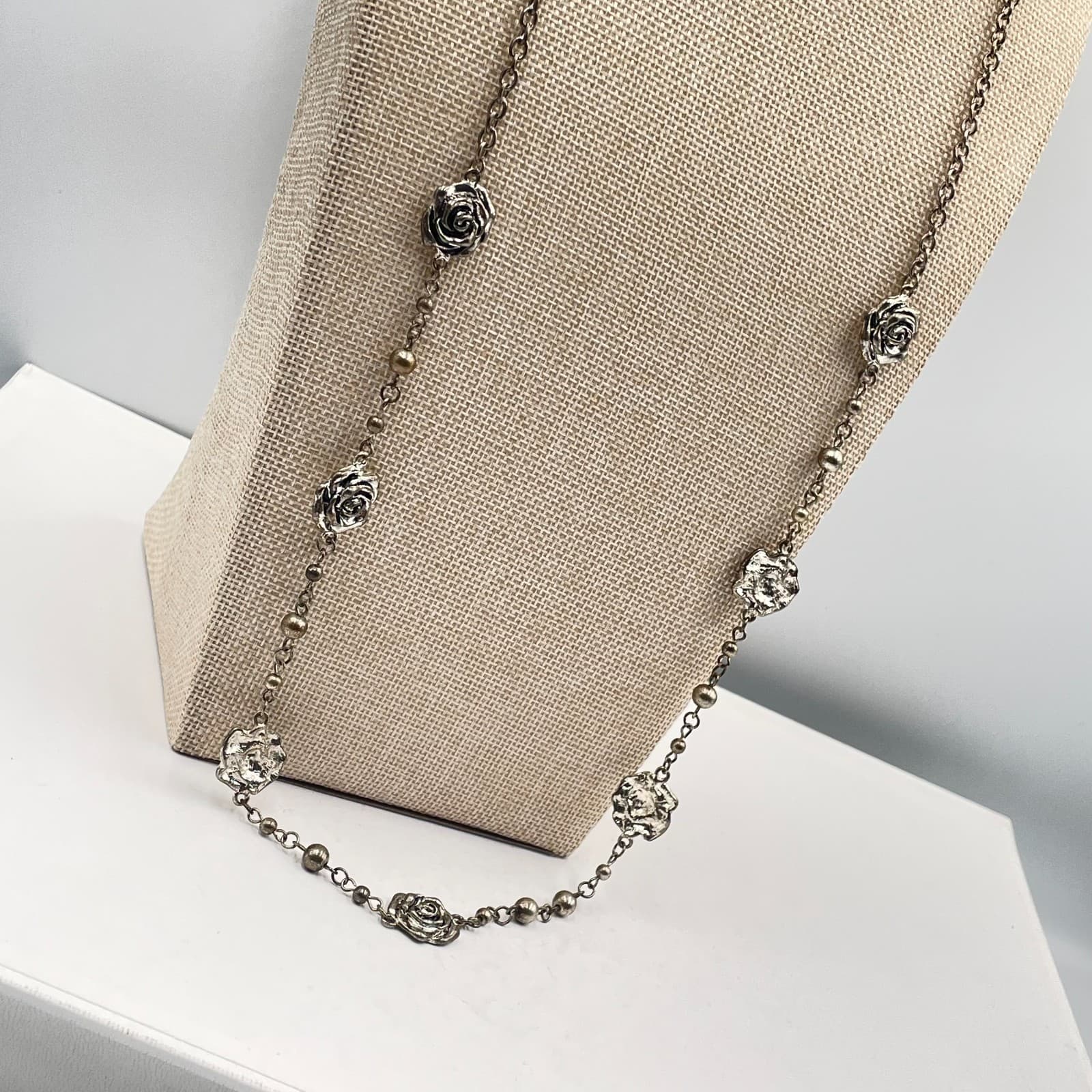 Vintage Silver Tone Rose Flower Station Long Necklace Antiqued Boho Floral 36” - Thumbnail 5