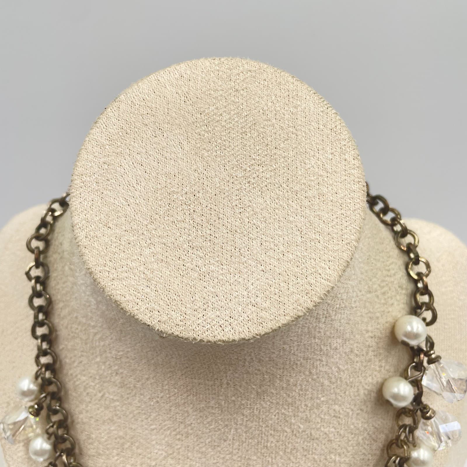 Vintage Crystal Pearl Dangle Statement Necklace Antiqued Bronze Tone Chain 18" - Thumbnail 2