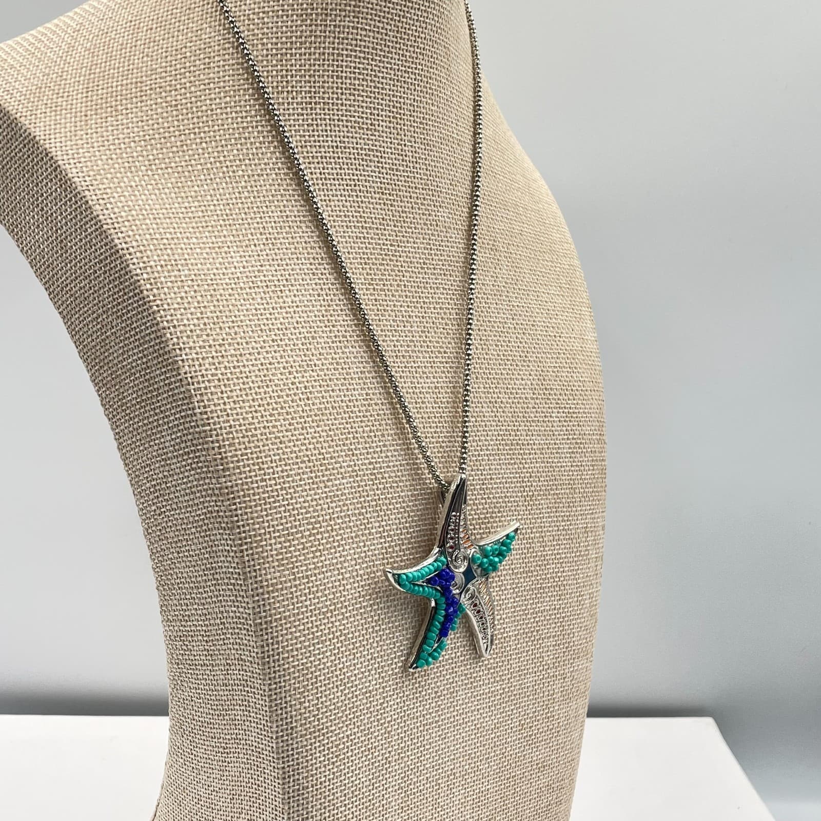 Vintage Chicos Starfish Necklace Silver Tone Blue Teal Beaded Coastal Nautical - Thumbnail 7