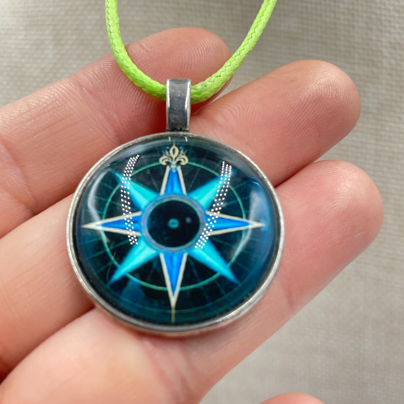 Vintage Compass Rose Pendant Necklace Neon Green Cord Nautical Star Blue Mandala - Thumbnail 5