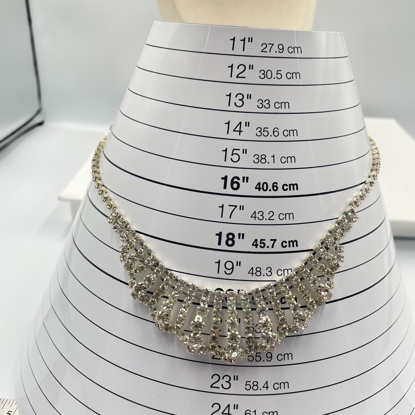 Vintage Silver Tone Rhinestone Fringe Bib Necklace V-Shape Statement Choker 16" - Thumbnail 8