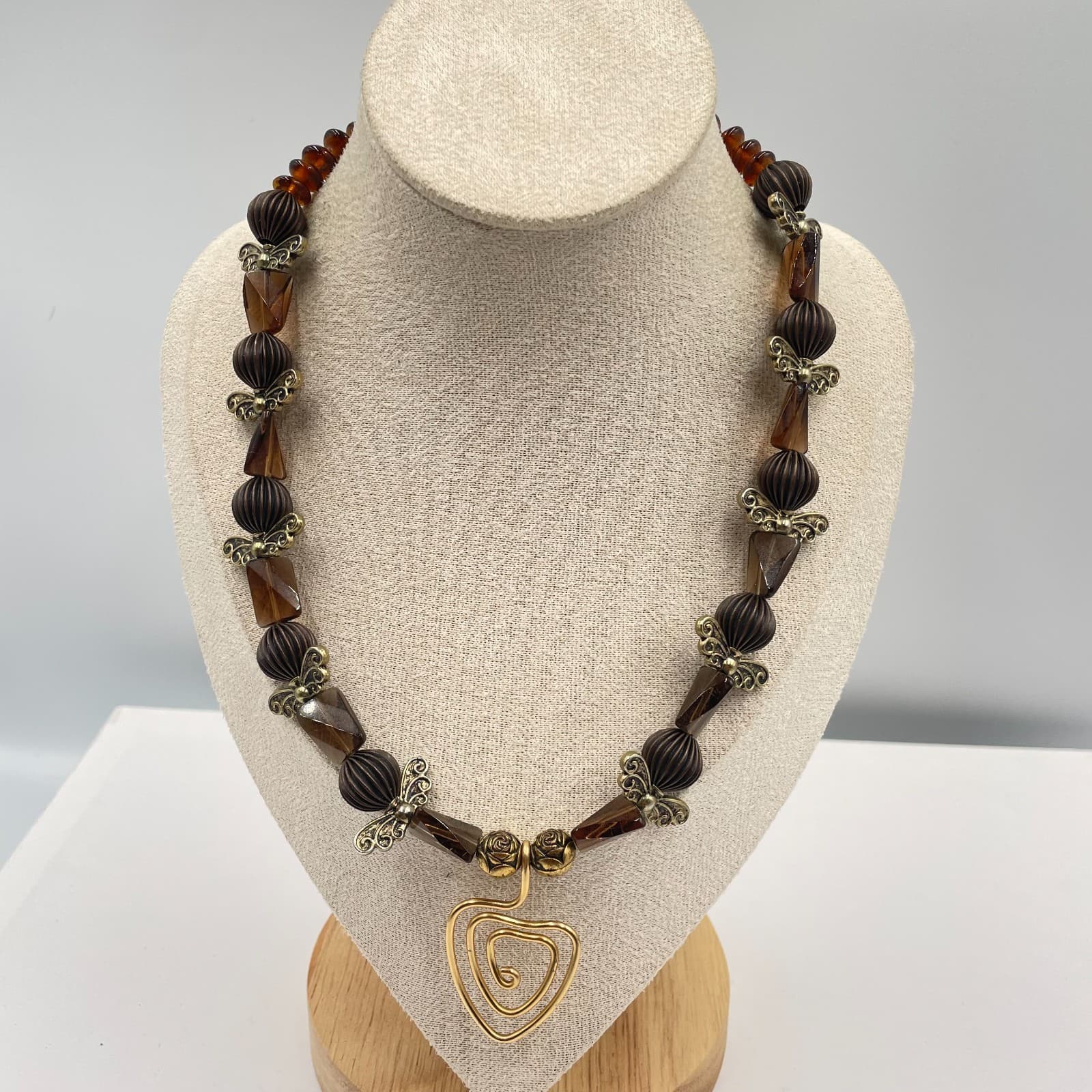 Artisan Gold-Tone Beaded Butterfly Spacers Spiral Heart Pendant Lobster Necklace