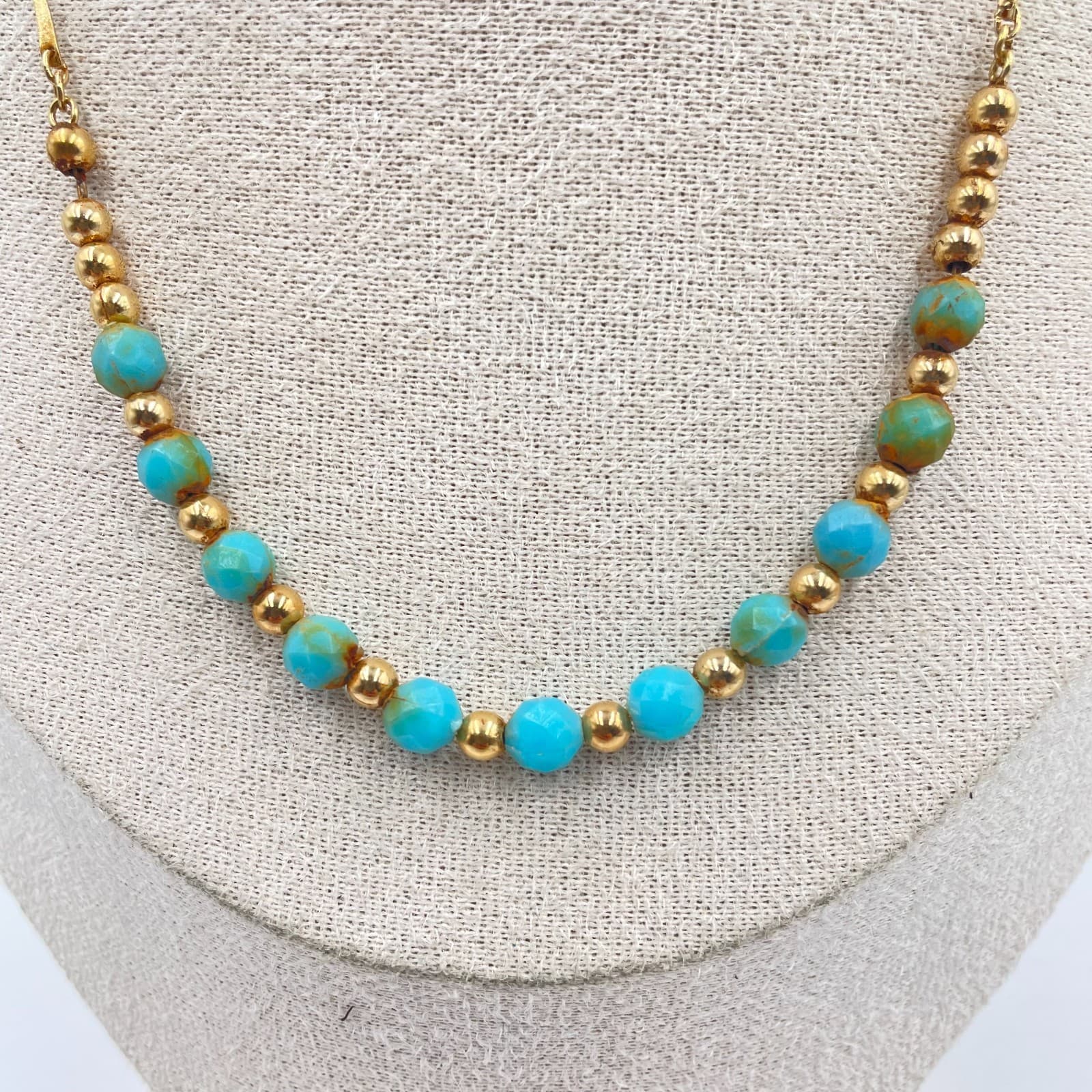 Faceted Turquoise Bead Necklace Gold Tone Bar Link Chain Blue Gemstone Boho 18" - Thumbnail 3
