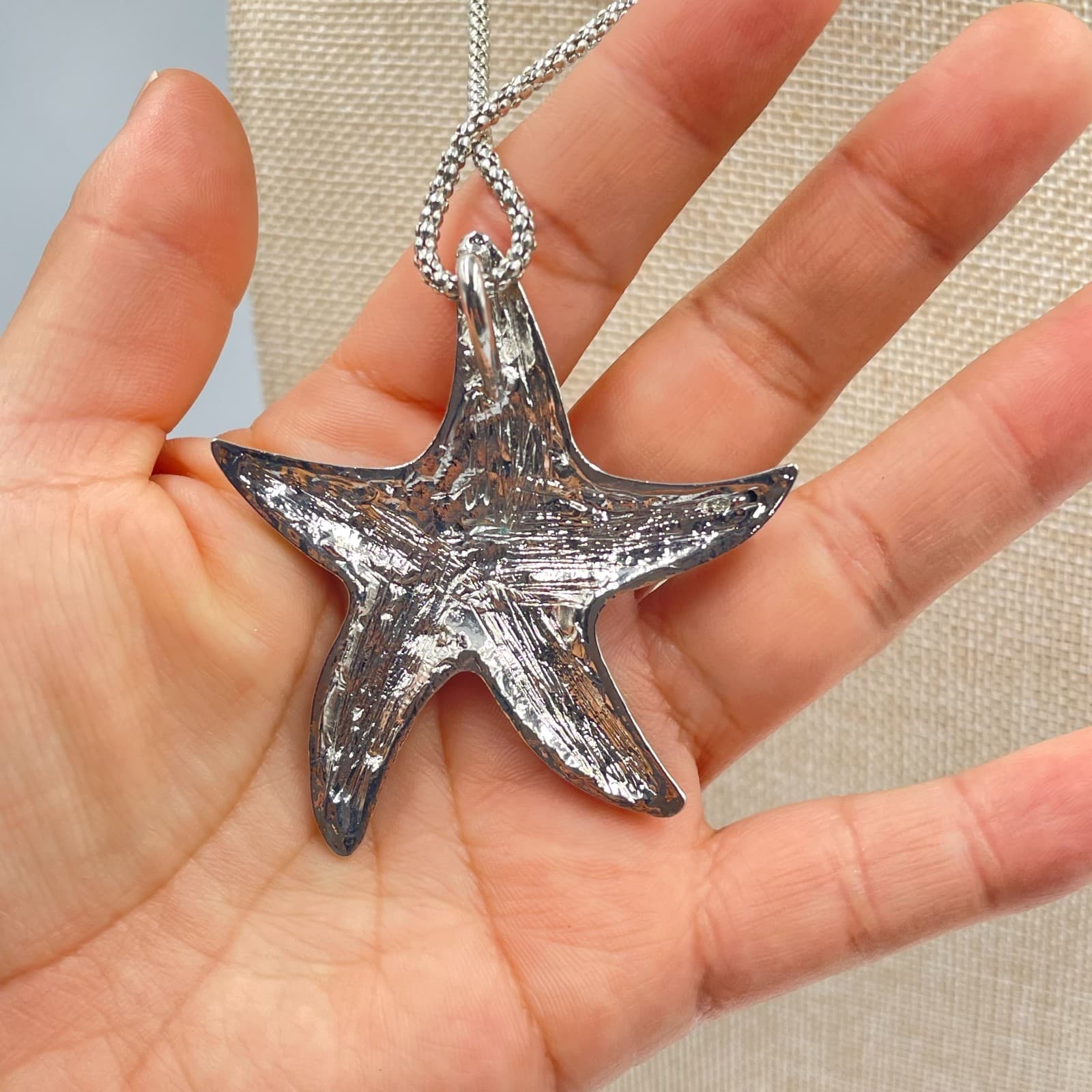 Vintage Chicos Starfish Necklace Silver Tone Blue Teal Beaded Coastal Nautical - Thumbnail 5