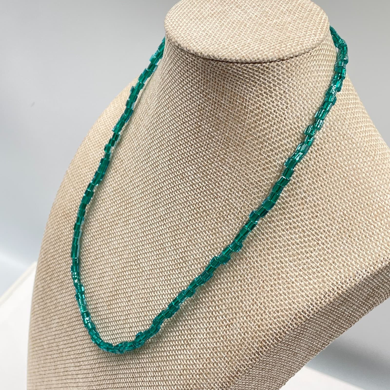Vintage Art Deco Teal Blue Green Square Glass Bead Necklace 20" Boho Brass Clasp - Thumbnail 6