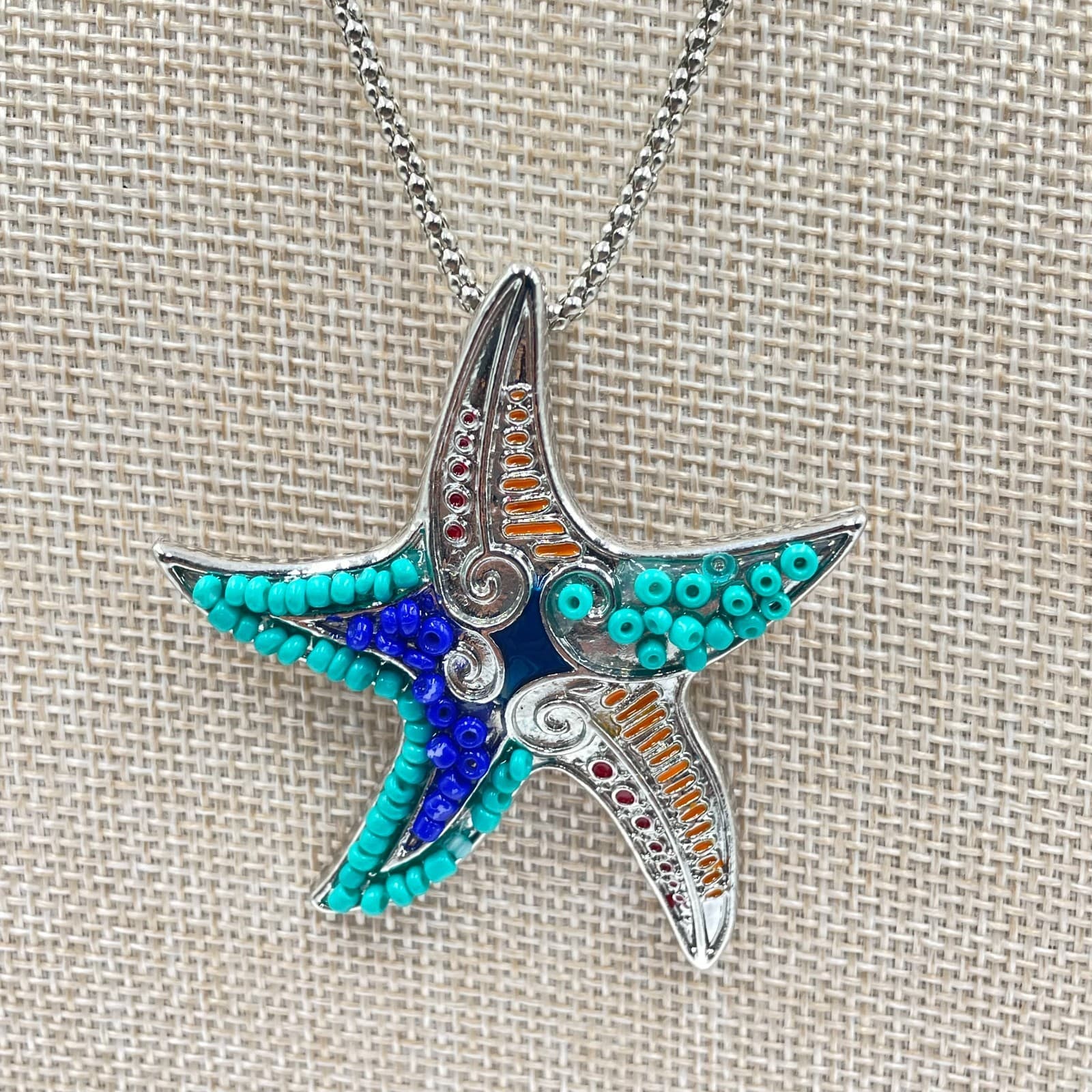 Vintage Chicos Starfish Necklace Silver Tone Blue Teal Beaded Coastal Nautical - Thumbnail 3