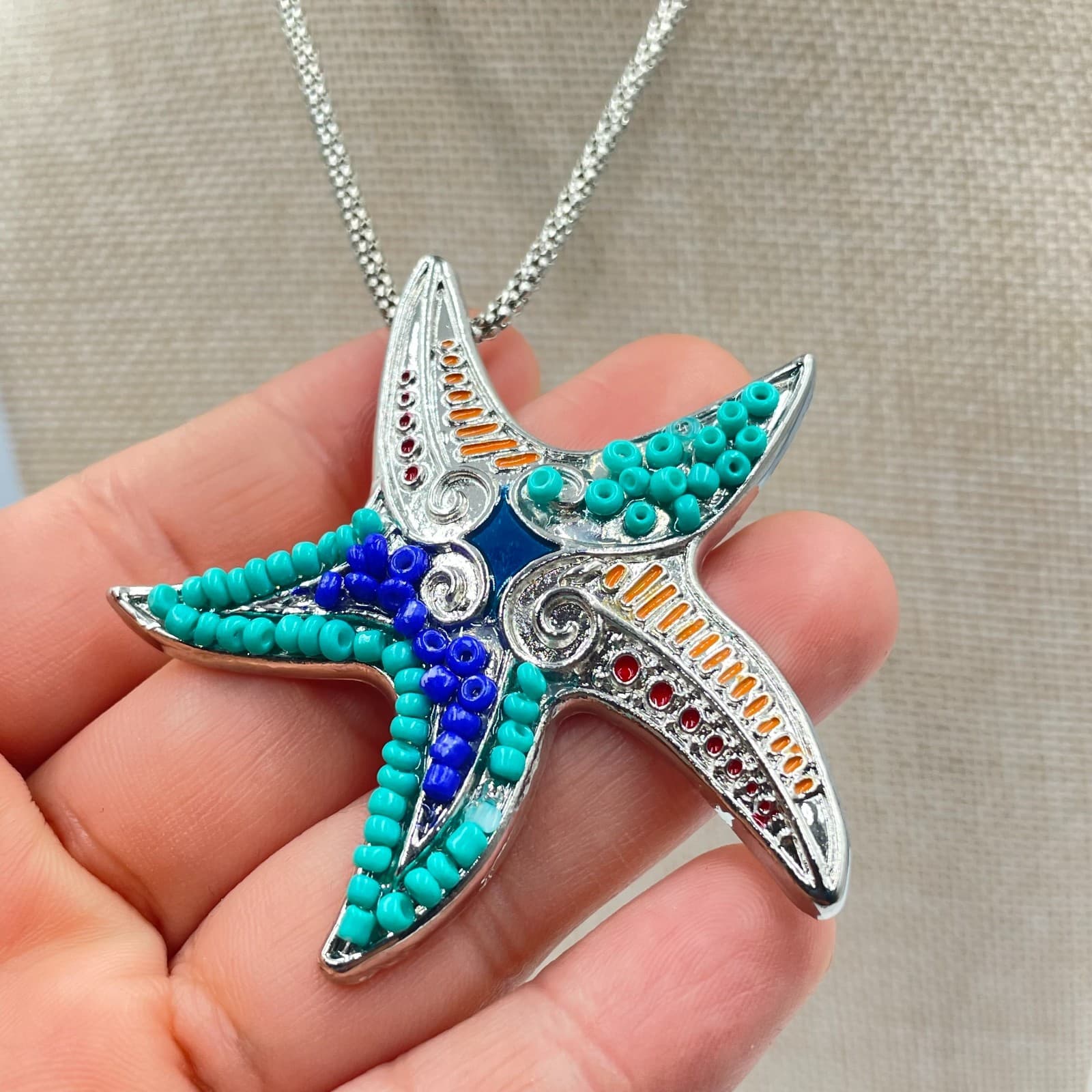 Vintage Chicos Starfish Necklace Silver Tone Blue Teal Beaded Coastal Nautical - Thumbnail 4
