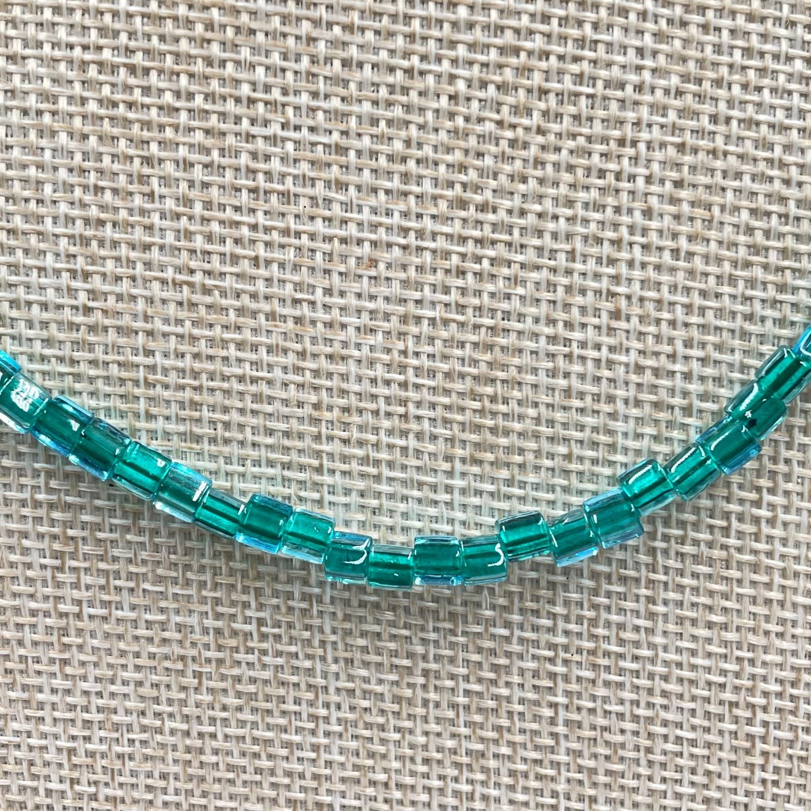 Vintage Art Deco Teal Blue Green Square Glass Bead Necklace 20" Boho Brass Clasp - Thumbnail 3