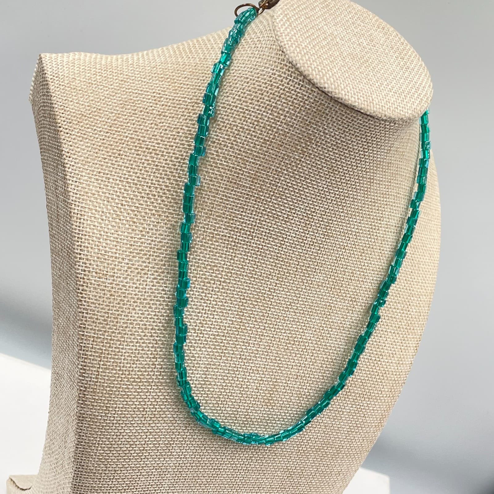 Vintage Art Deco Teal Blue Green Square Glass Bead Necklace 20" Boho Brass Clasp - Thumbnail 5