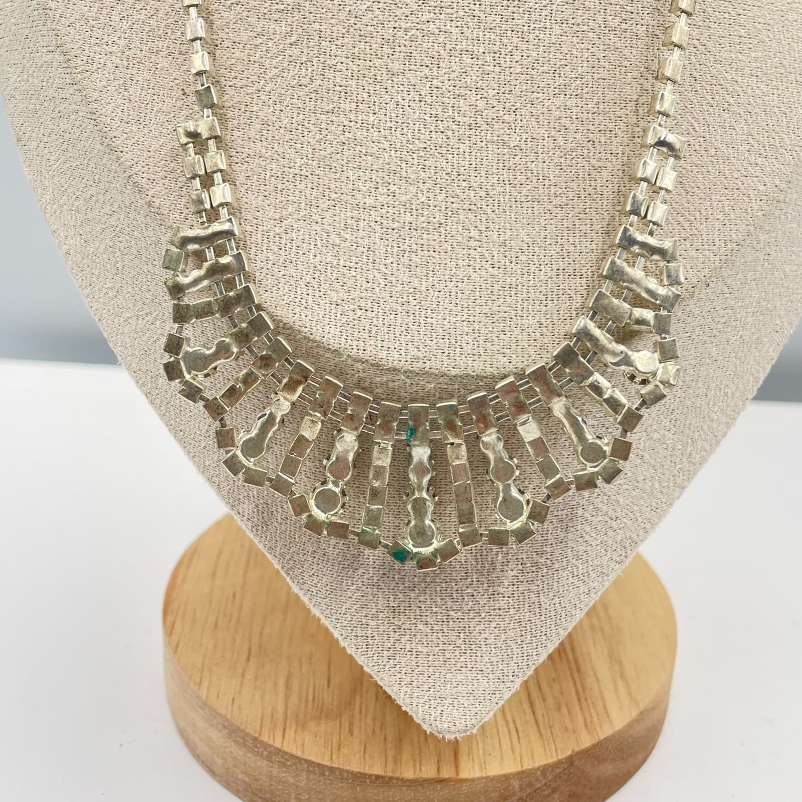 Vintage Silver Tone Rhinestone Fringe Bib Necklace V-Shape Statement Choker 16" - Thumbnail 5