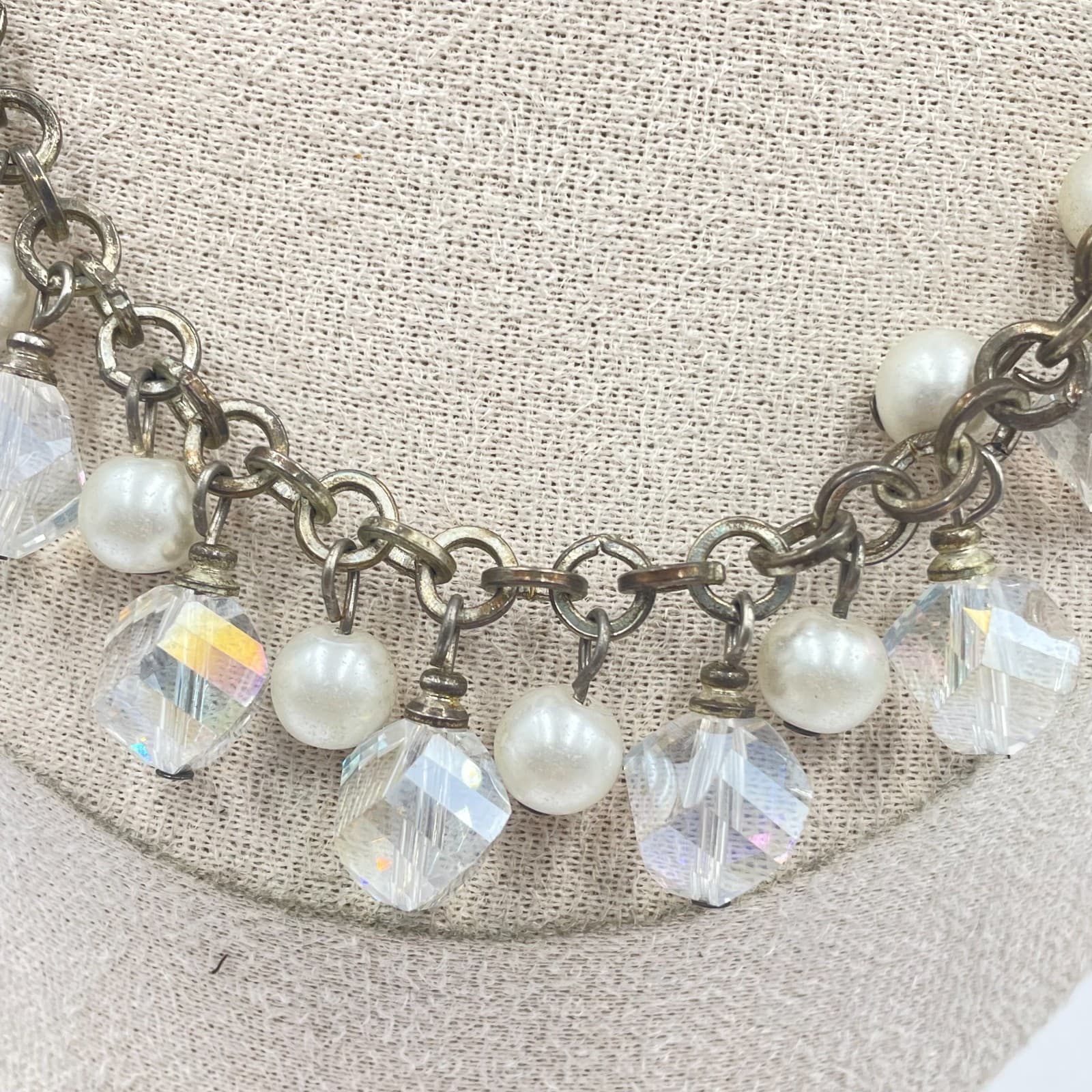 Vintage Crystal Pearl Dangle Statement Necklace Antiqued Bronze Tone Chain 18" - Thumbnail 3
