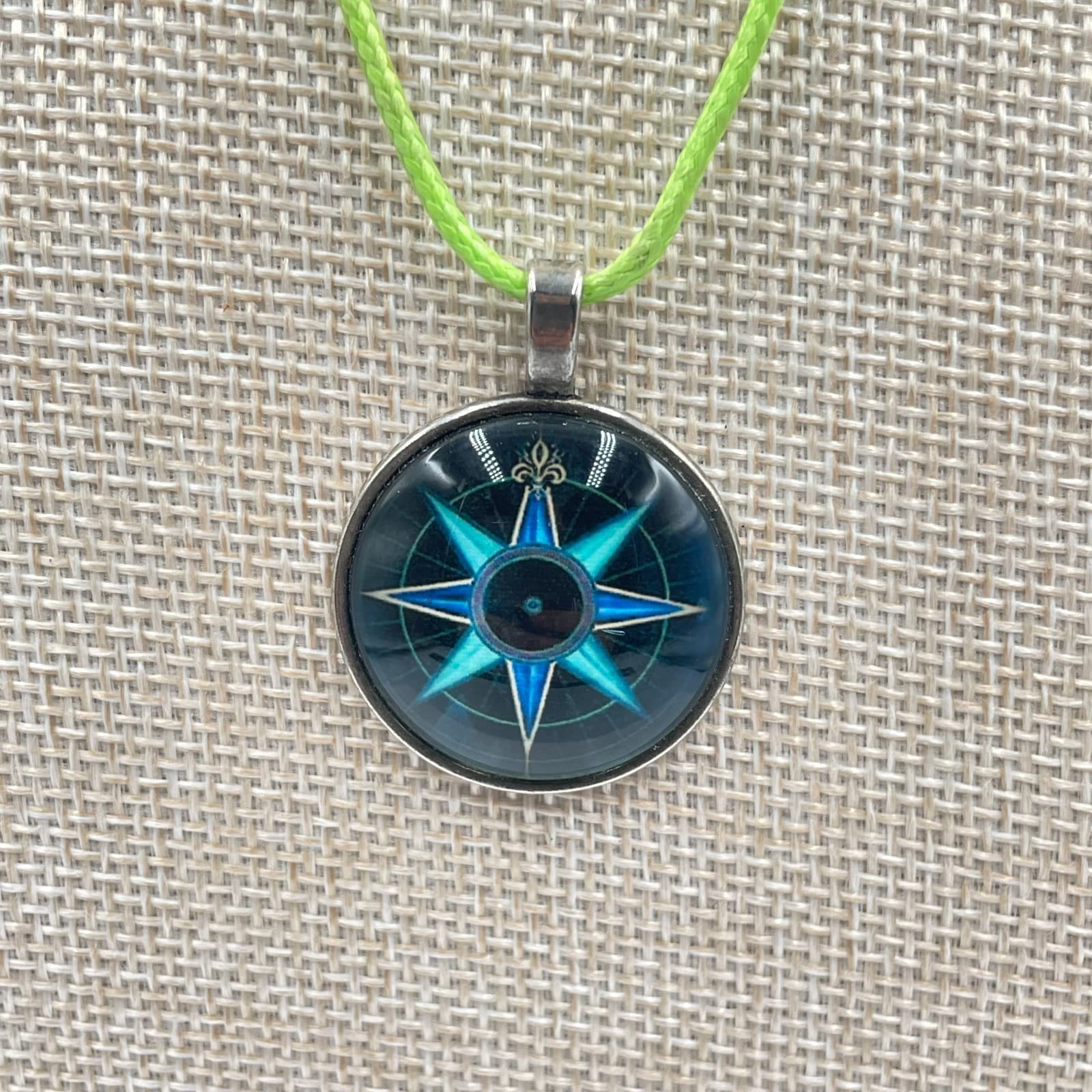 Vintage Compass Rose Pendant Necklace Neon Green Cord Nautical Star Blue Mandala - Thumbnail 3