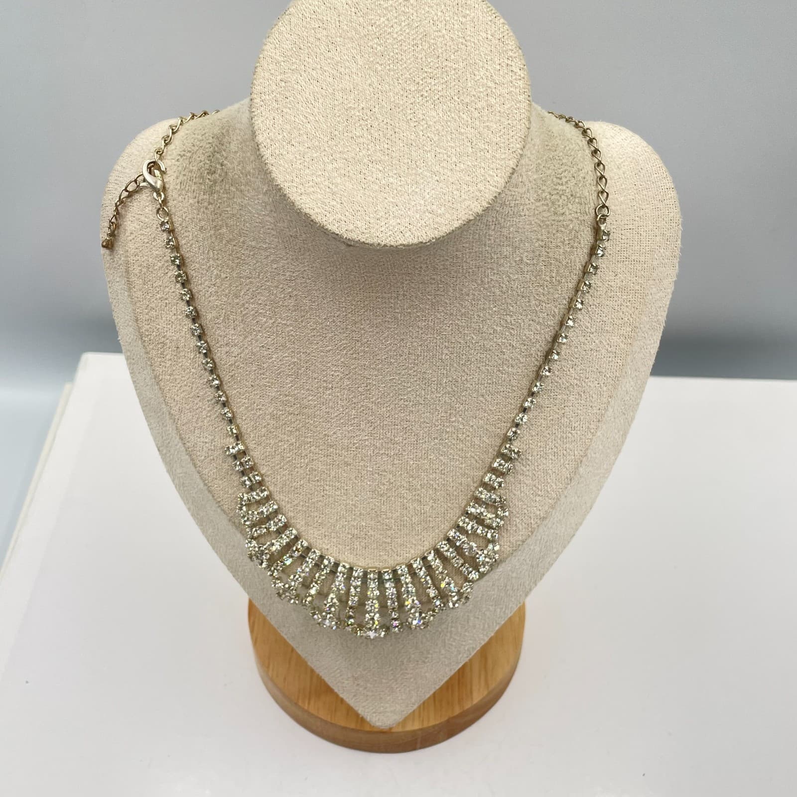 Vintage Silver Tone Rhinestone Fringe Bib Necklace V-Shape Statement Choker 16" - Thumbnail 4