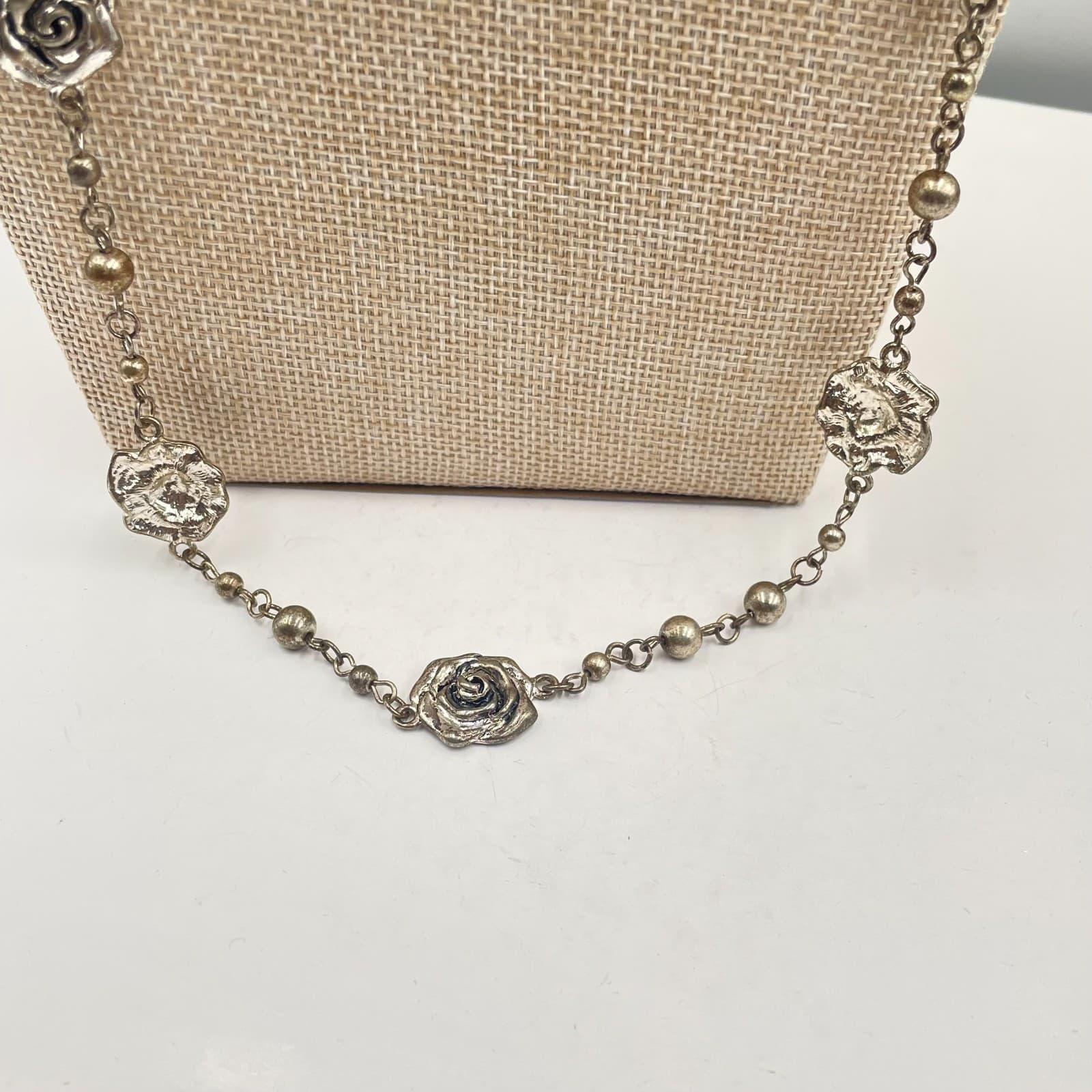 Vintage Silver Tone Rose Flower Station Long Necklace Antiqued Boho Floral 36” - Thumbnail 3