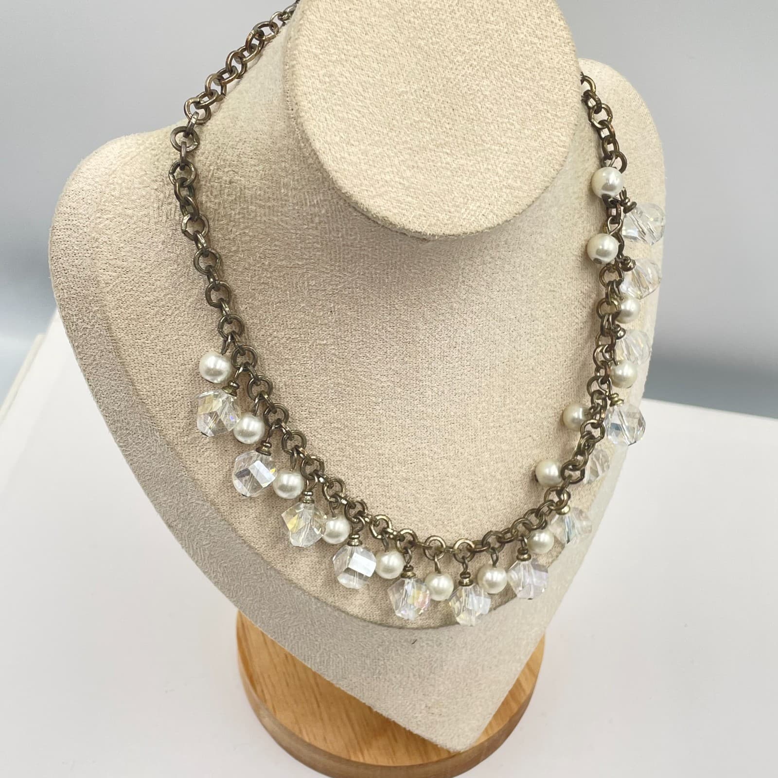 Vintage Crystal Pearl Dangle Statement Necklace Antiqued Bronze Tone Chain 18" - Thumbnail 4