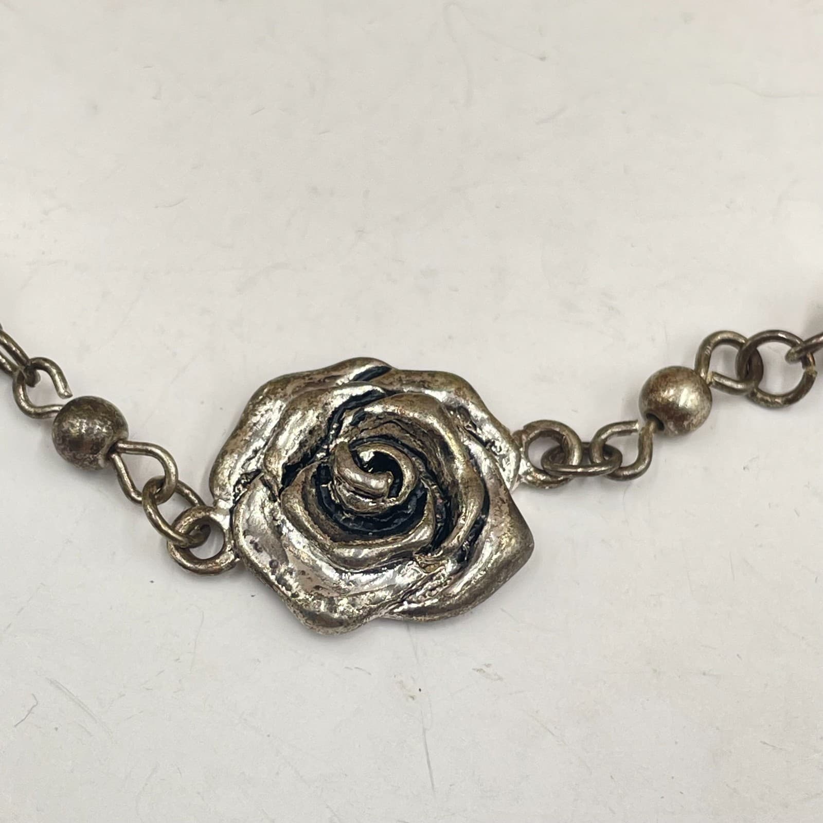 Vintage Silver Tone Rose Flower Station Long Necklace Antiqued Boho Floral 36” - Thumbnail 4